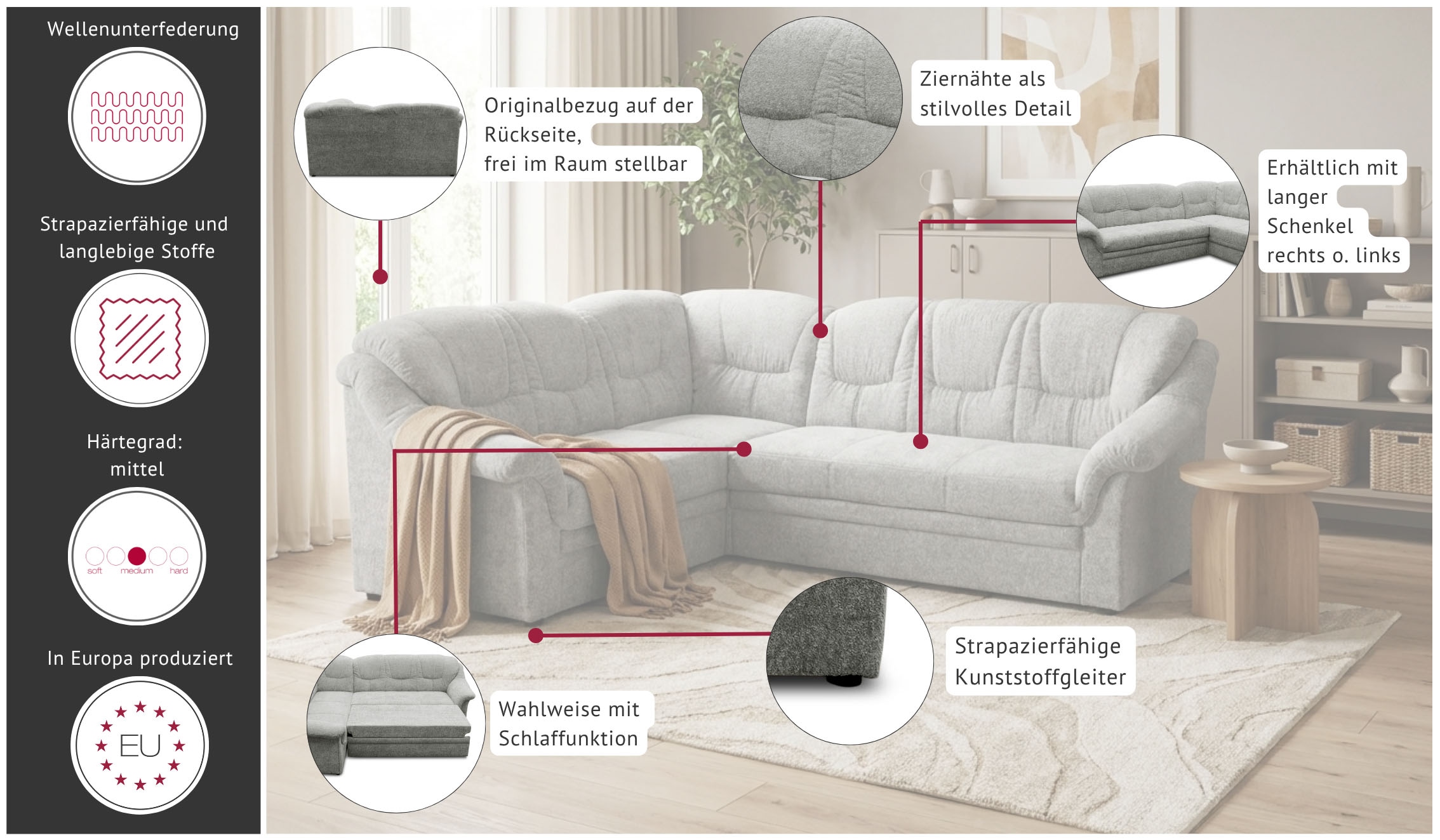 GOODproduct Canapé d'angle »Nyborg 234 x 185 cm, stabil, komfortabel, formschön mit Steppungen« Au choix avec fonction lit, en forme de L, matelassage moderne