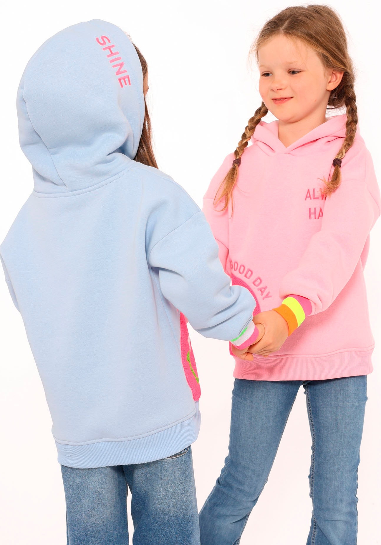 Zwillingsherz Hoodie »"Always Happy" Kids«, mit grossem Smiley und neonfarbenen Details