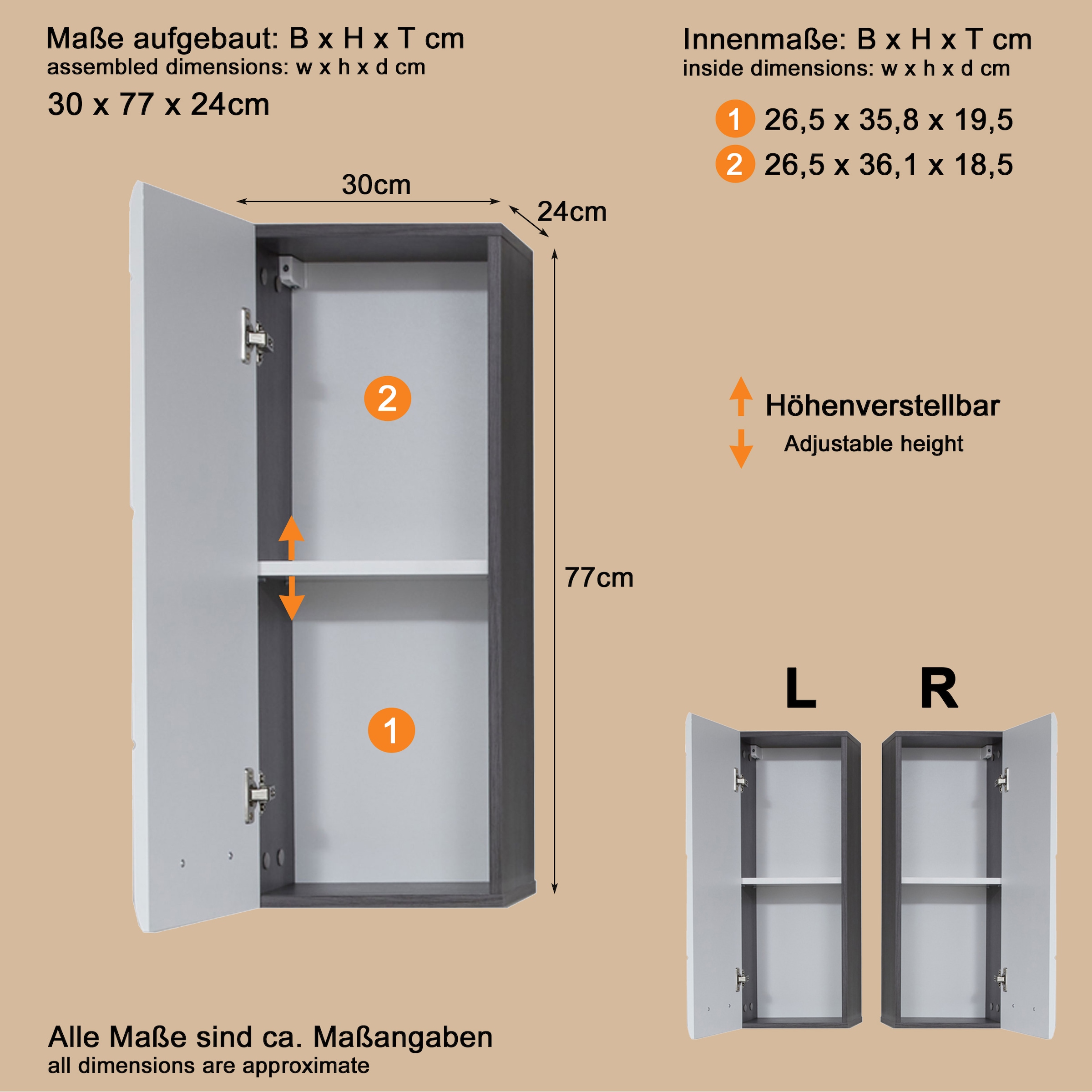 welltime Hängeschrank »Sovana« Badezimmerschrank mit 2 Fächern in Weiss - (B/T/H) 30/24/77 cm