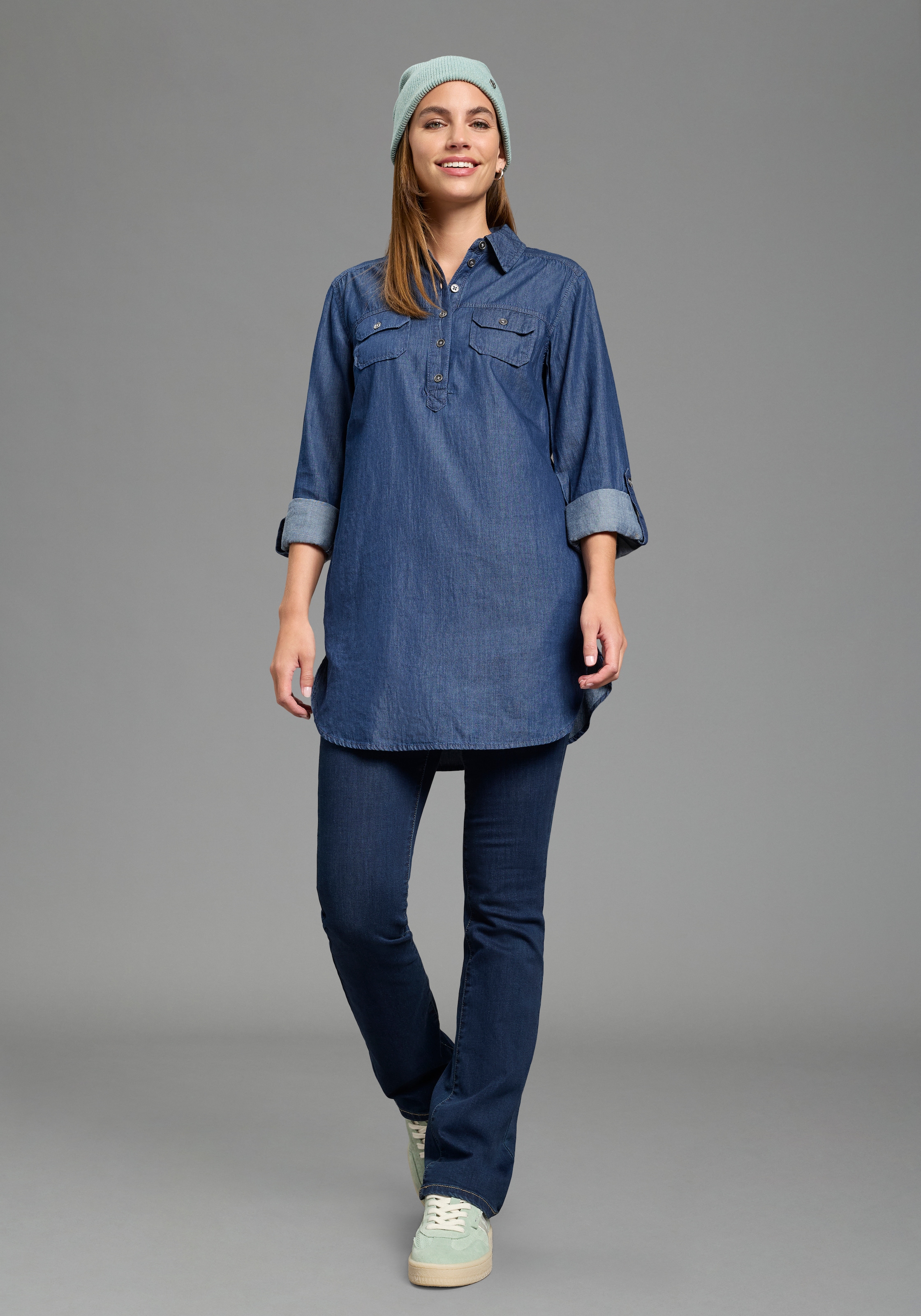 Arizona Blouse en jean »Krempelärmel mit Riegel« style tunique