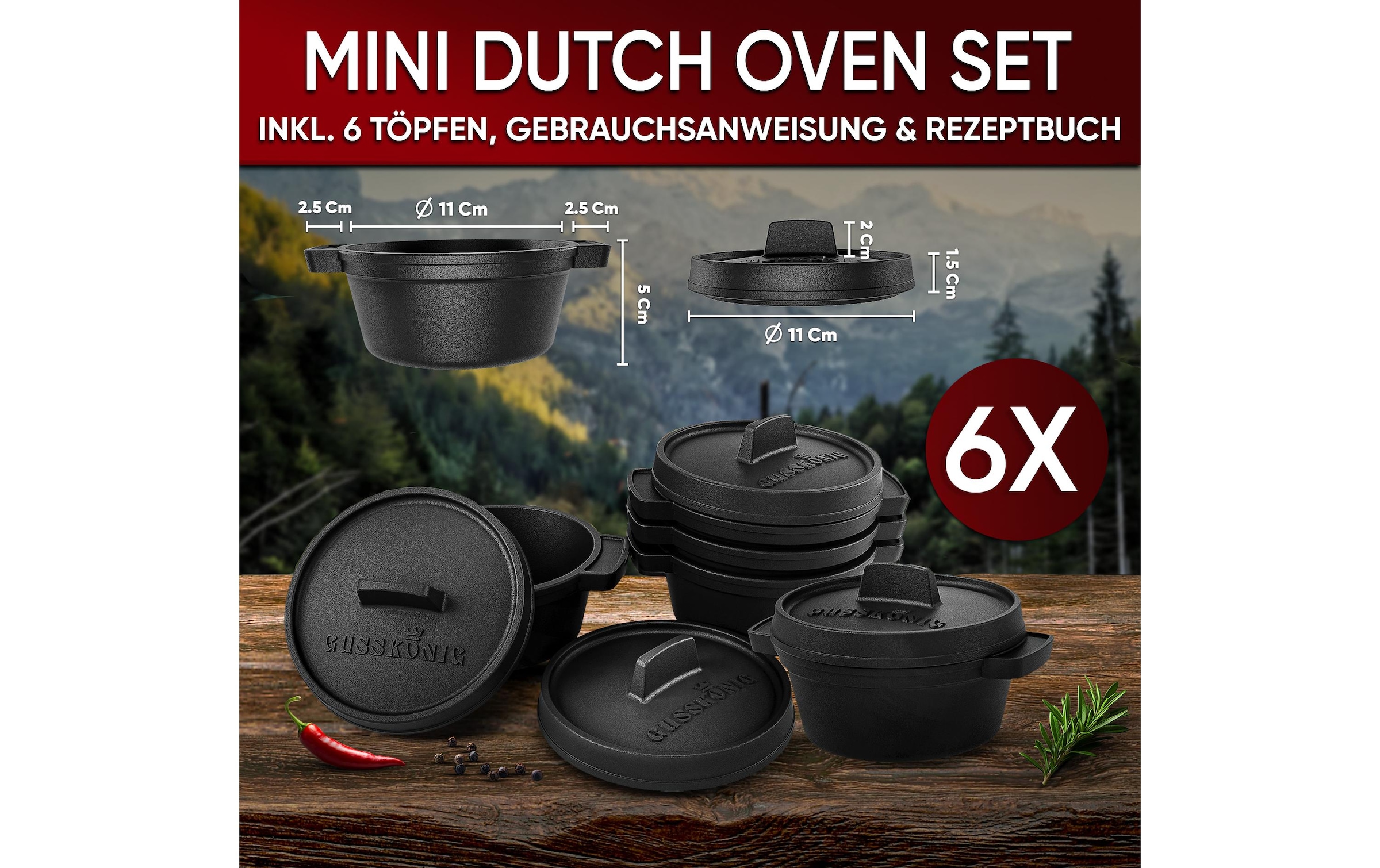   Marmite à barbecue »Gusskoenig Mini Dutch Set 6 Töpfe, Rezeptbuch«