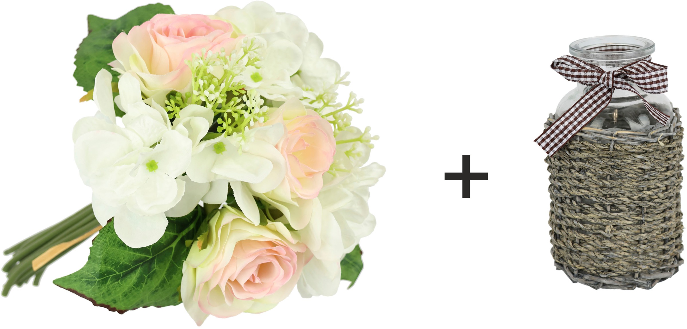 I.GE.A. Kunstblume »Bouquet Rosen Hortensie in Vase«, Rosenstrauss Rose Blumen Dekoblumen Künstlich Blumenstrauss Blumenstrauss