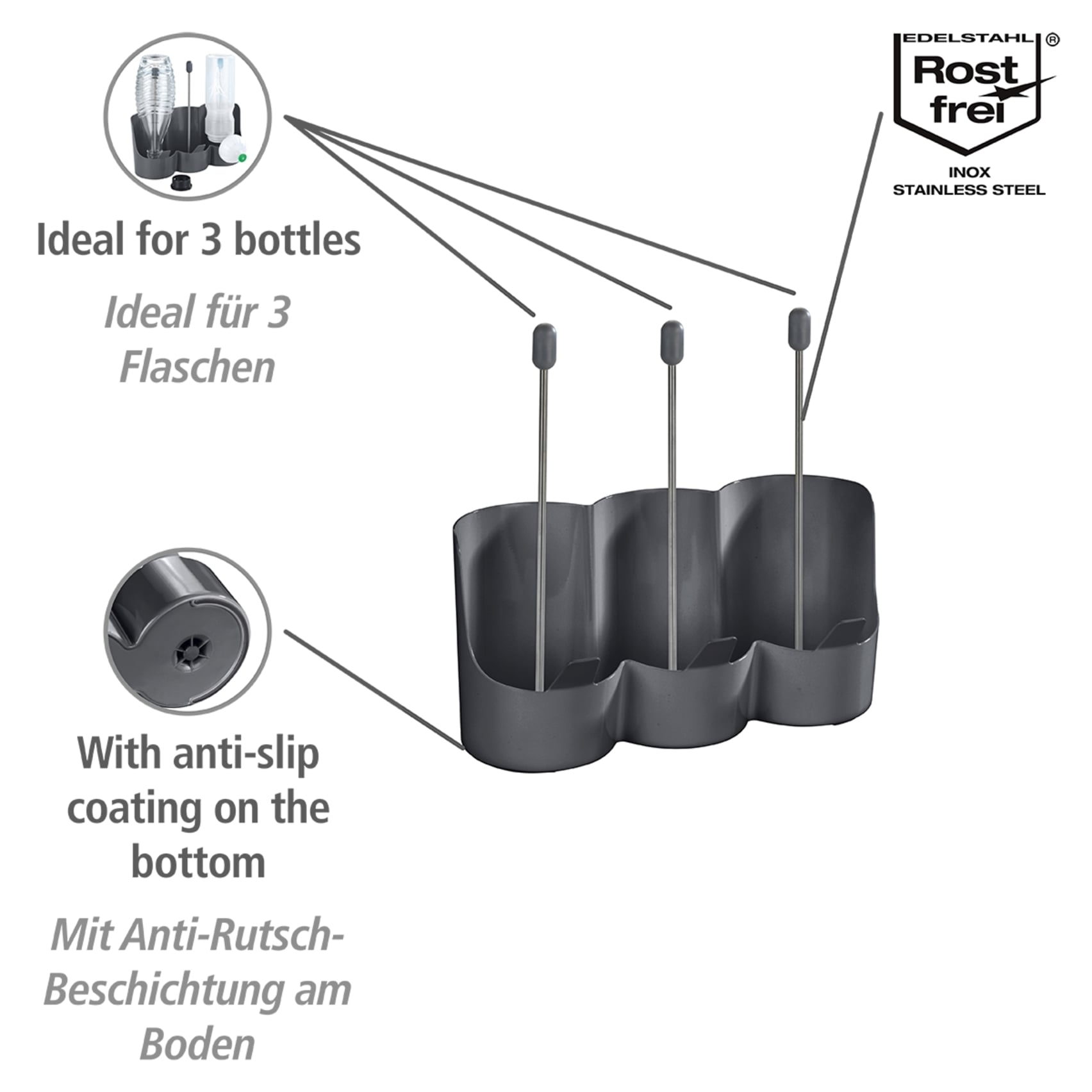 WENKO Flaschenhalter »Modell Filia«, zum schnellen Trocknen von bis zu 3 Wasser- und Trinkflaschen