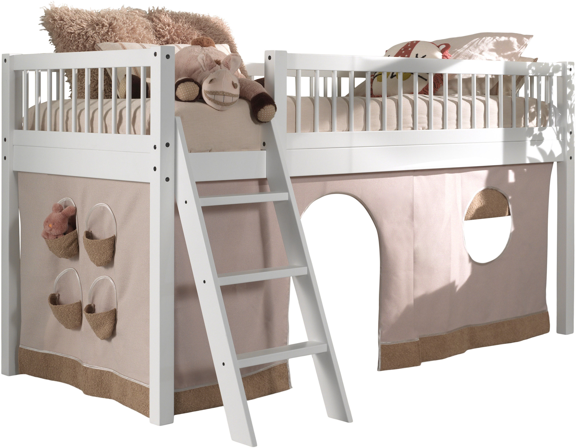 Image of Vipack Spielbett "Forrest 90/200 aus massiver Buche weiss lackiert, inkl. Vorhang-Set" stabil gebaut mit umlaufenden Absturzschutz, Leiter und Rolllattenrost