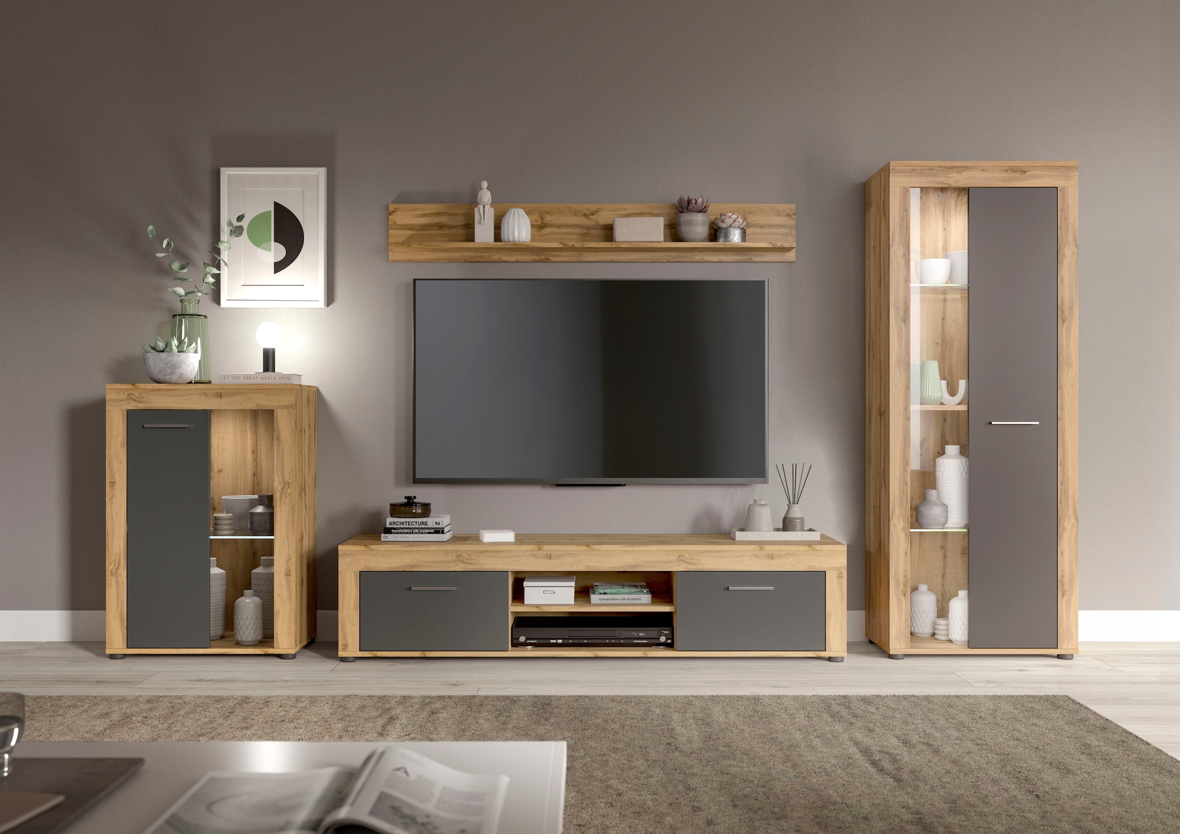 Image of Home affaire Wohnwand "AOSTA, Breite 310cm, 4-teilige Wohn-Kombination" bestehend aus: Vitrine, Lowboard, Wandboard & Vitrine hoch, 4 Stk. tlg.