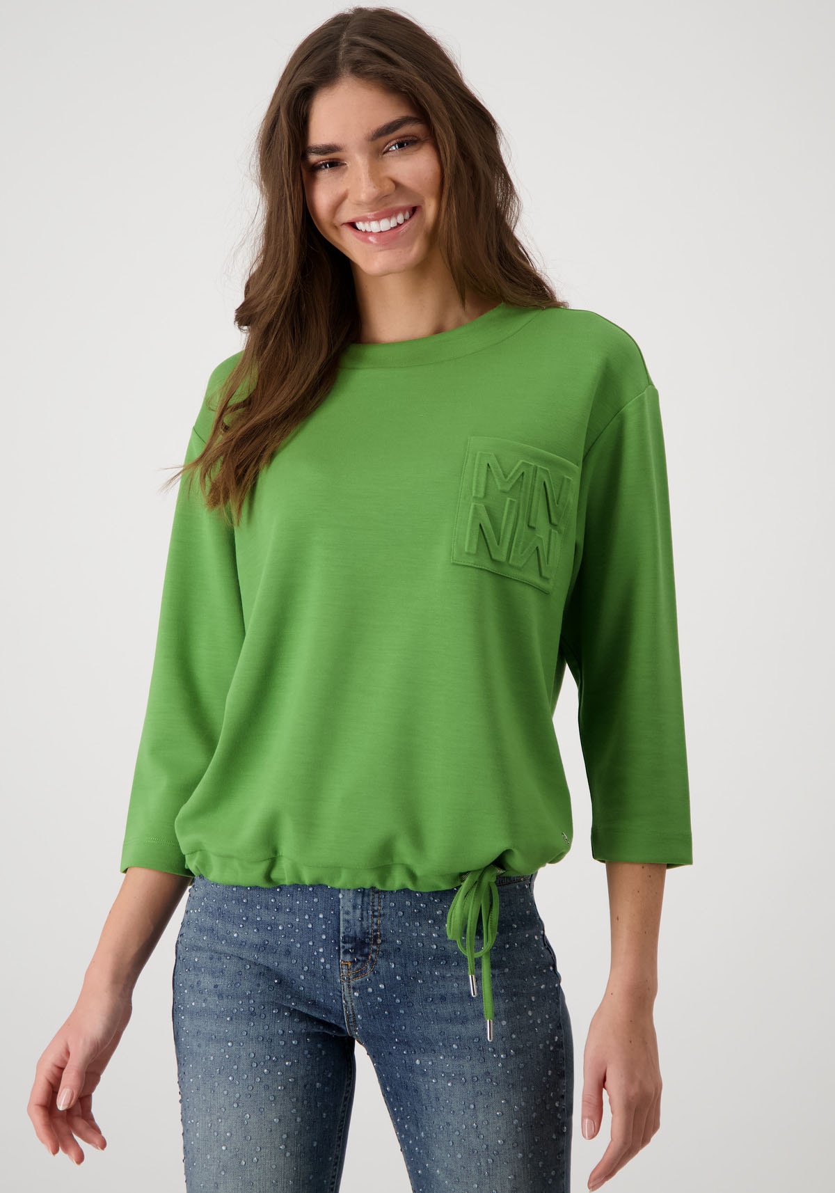 Monari Sweatshirt »Sweatshirt Basic Prägedruck«, Bodysaum mit Band zum Binden