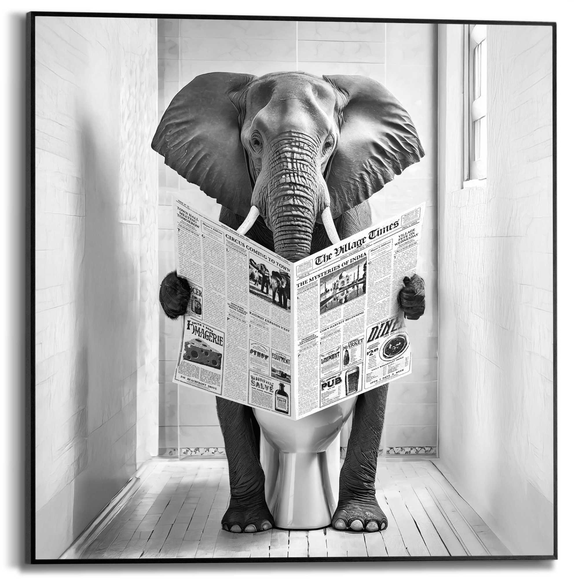 Image of Reinders Poster "Elephant Toilet" Toilette - WC - Zeitung - Schwarz-Weiss - MDF - Tiere - 50x50 cm