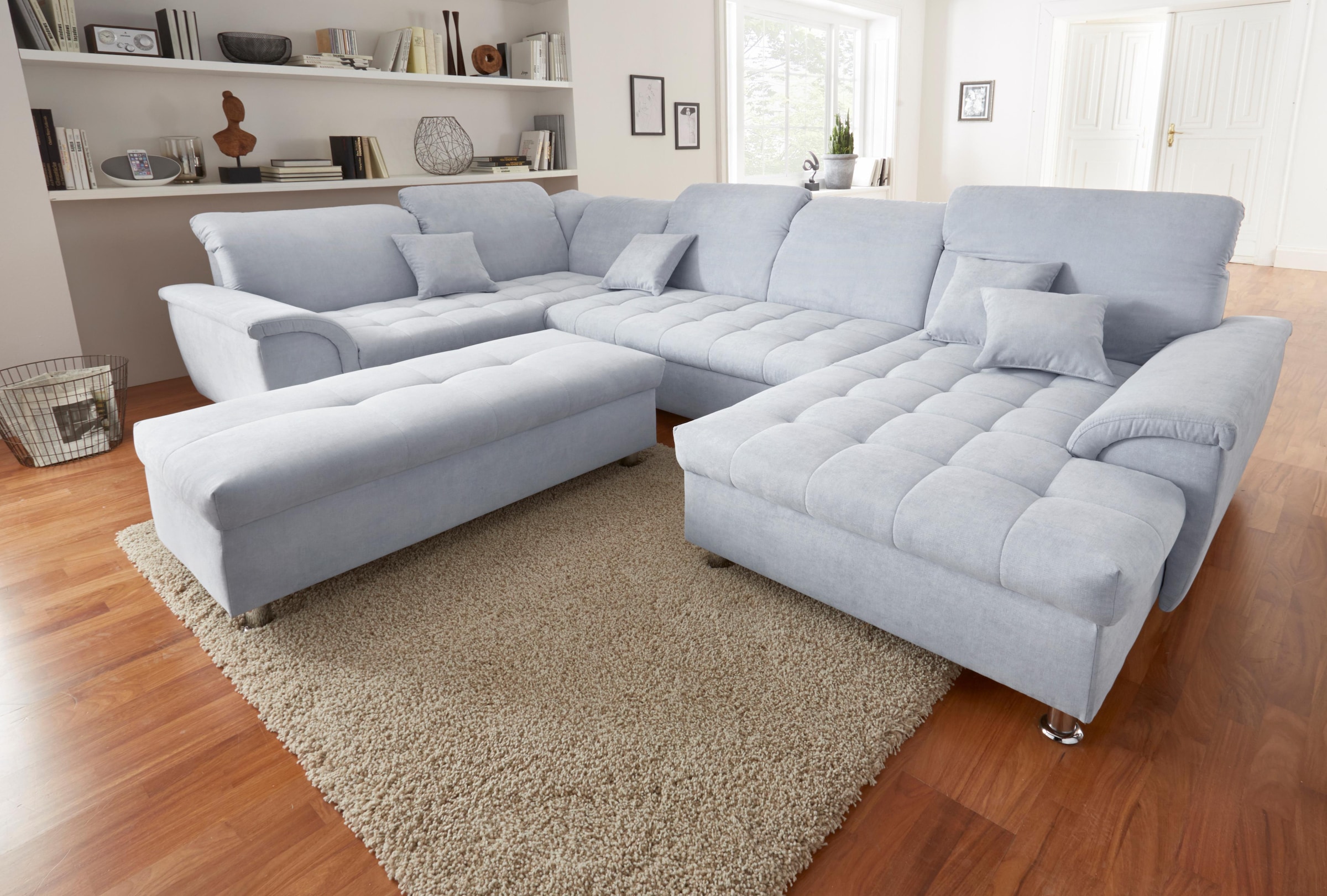 Image of DOMO collection Wohnlandschaft "FRANZI 344x206x81 cm, elegant, komfortabel" U-Form, Recamiere rechts, pastelblau, B/T: 344/206 cm