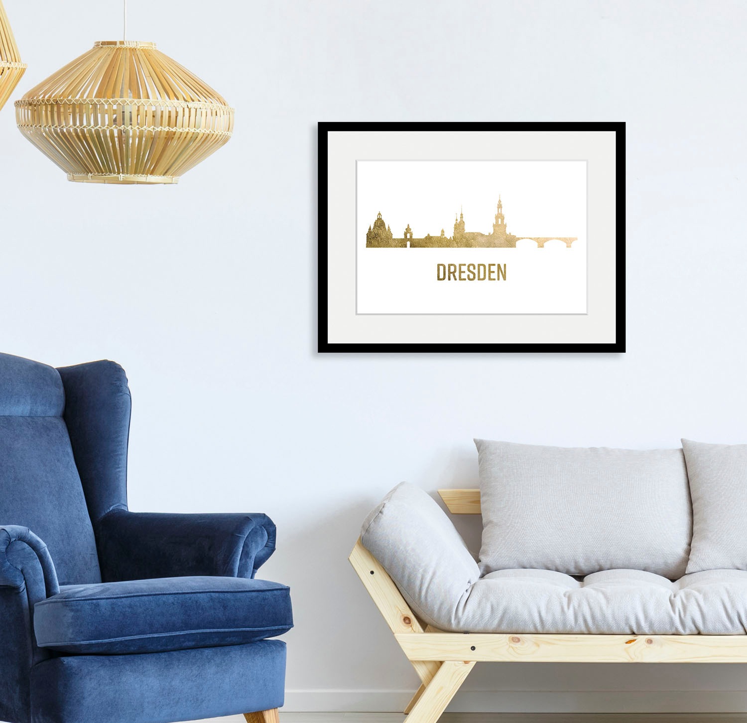 Image of queence Bild "Dresden Skyline GOLD" Deutschland Dresden Schriftzug Stadt Städte 1 Stk. tlg. HD Premium Poster-Druck inkl. Holzrahmen