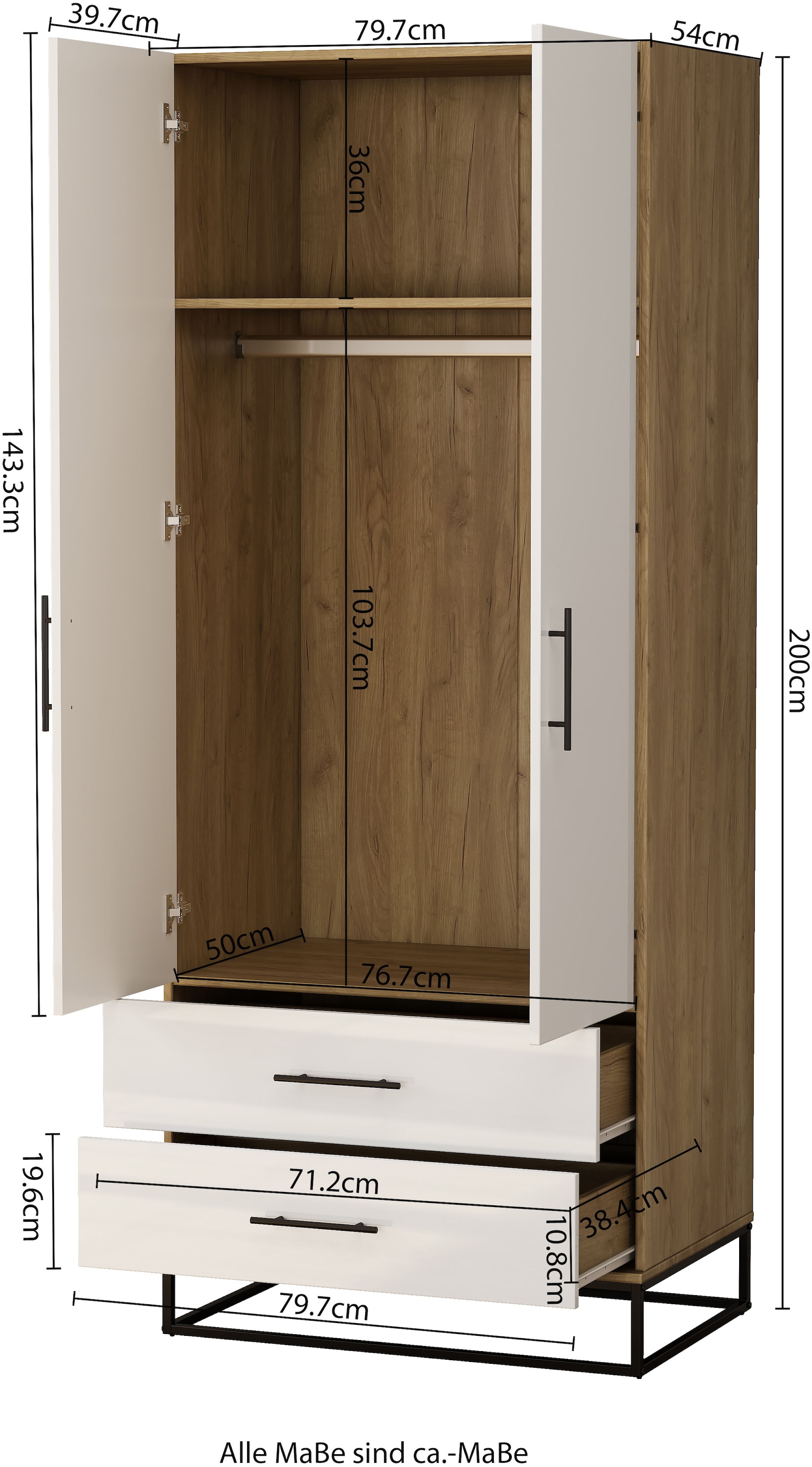 GOODproduct Kleiderschrank »Lucca Schlafzimmerschrank Garderobe hochglanz Bestseller« Hochwertige schwarze Griffe und Kufengestell,  Schlafzimmerschrank mit 2 Türen und 2 Schubladen, Breite 80cm