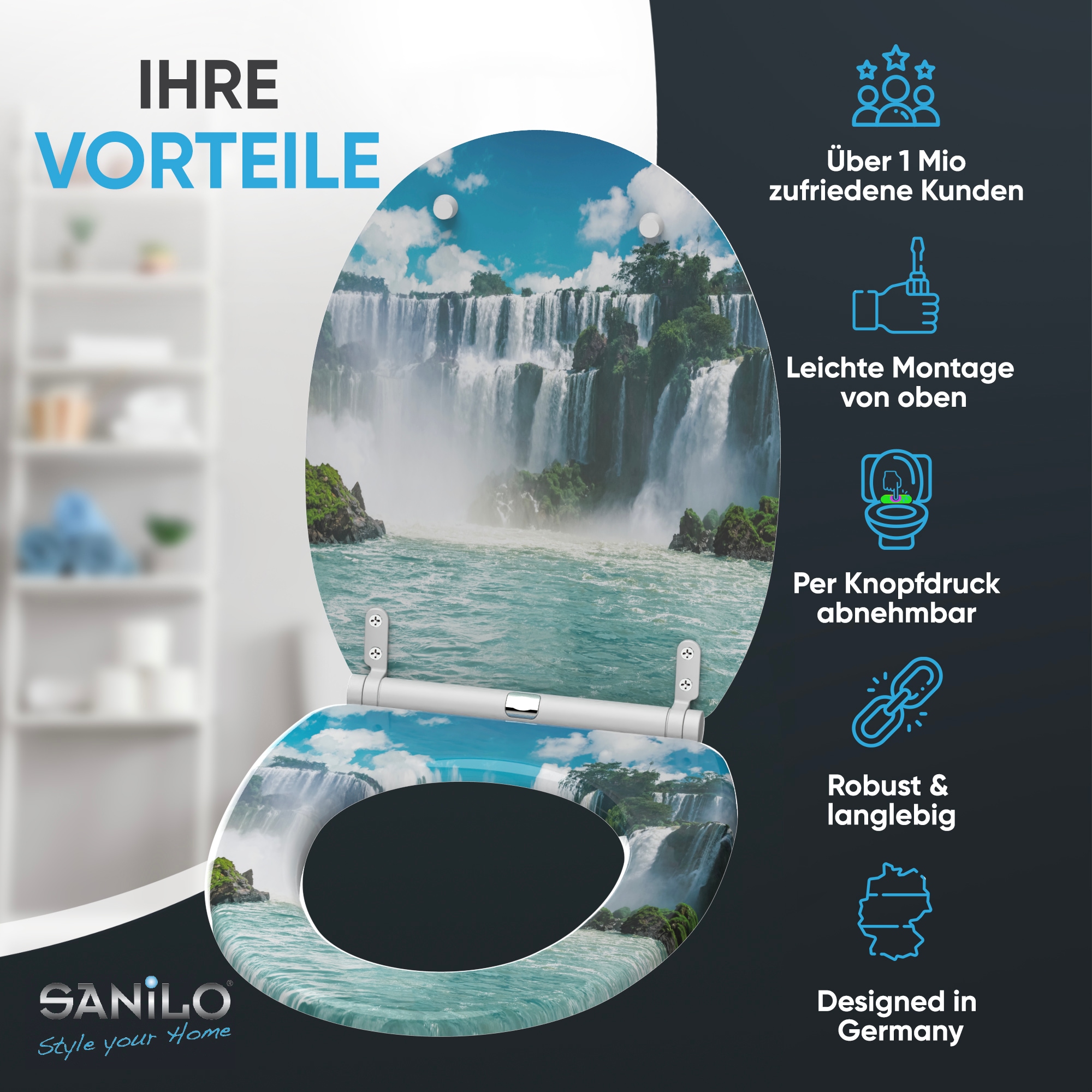 Sanilo WC-Sitz »Wasserfall mit Absenkautomatik & Quick Release« Premium Toilettendeckel, abnehmbar, leichte Montage von oben
