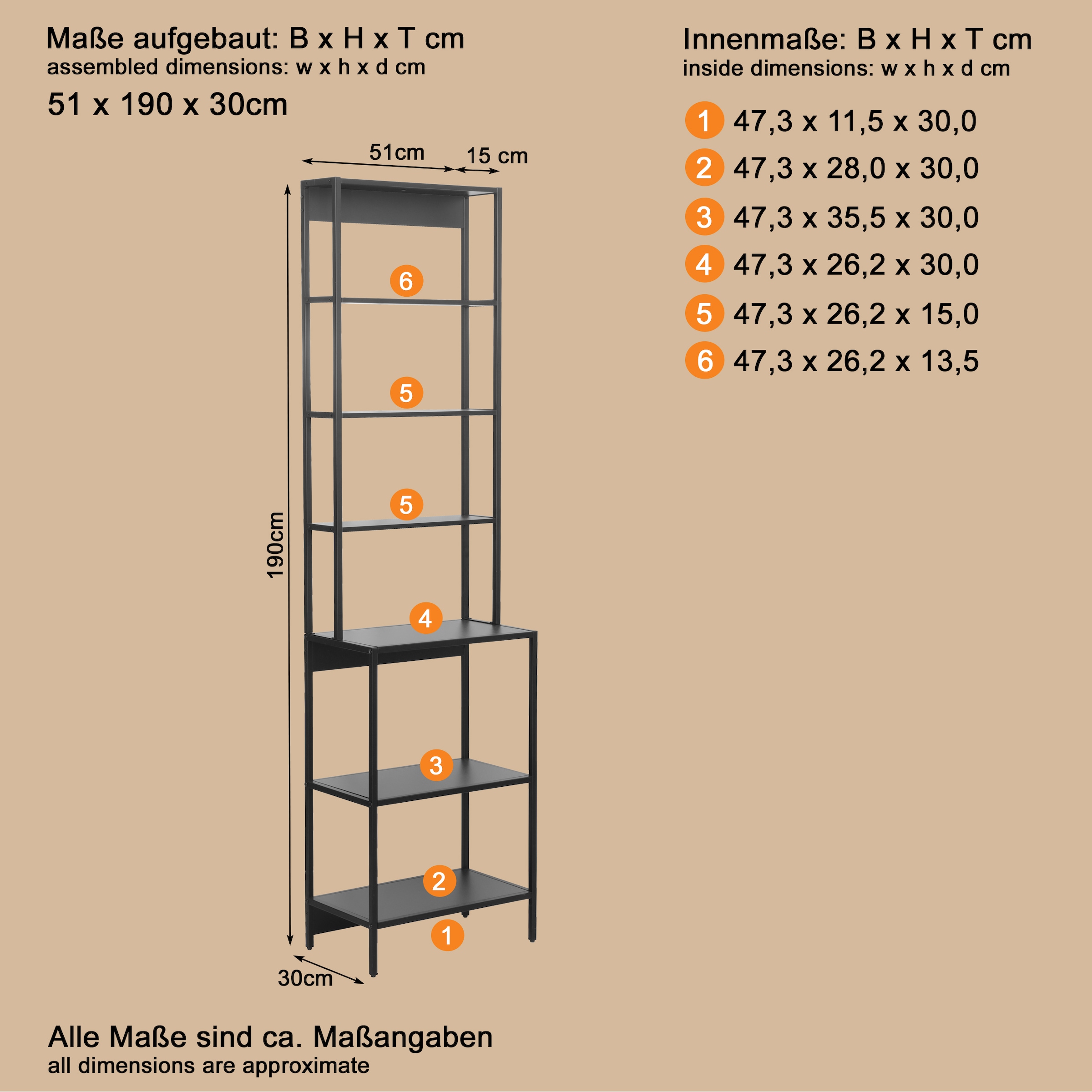 welltime Badregal »Lodi« 1 Stk. tlg. Hochregal mit Metallrahmen, 6 Böden - (B/T/H) 51/30/190 cm