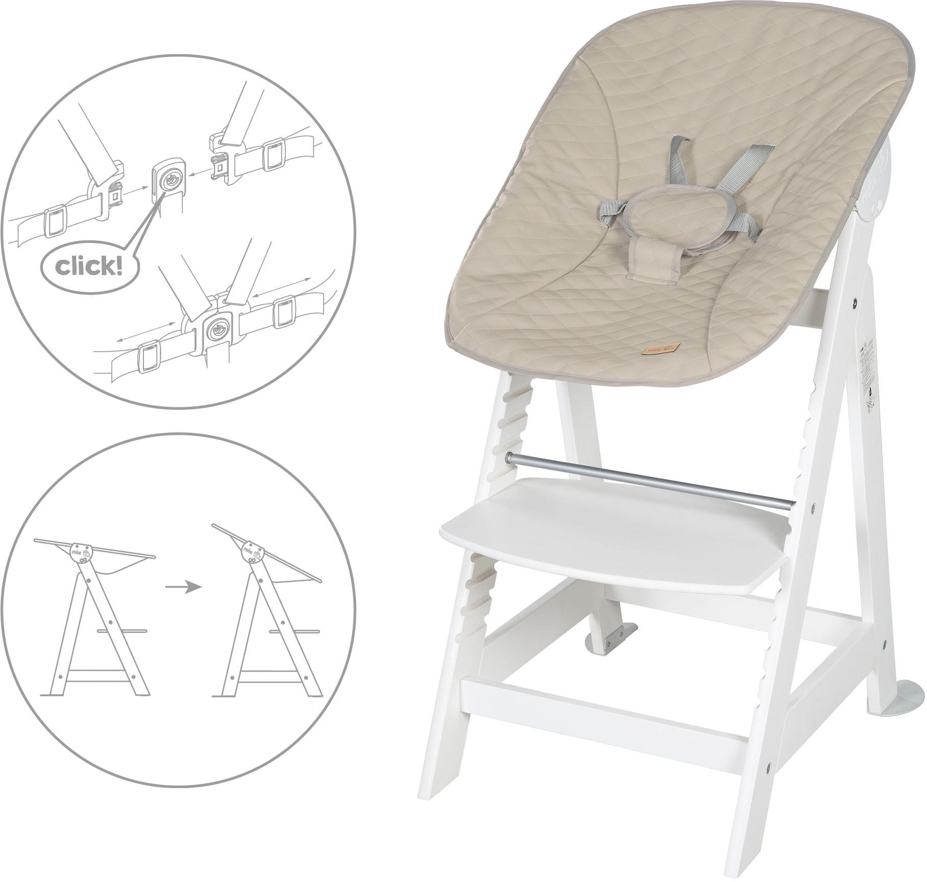 roba® Hochstuhl »Treppenhochstuhl 2-in-1 Set Born Up weiss«, mit Neugeborenen-Aufsatz, Greyish gesteppt