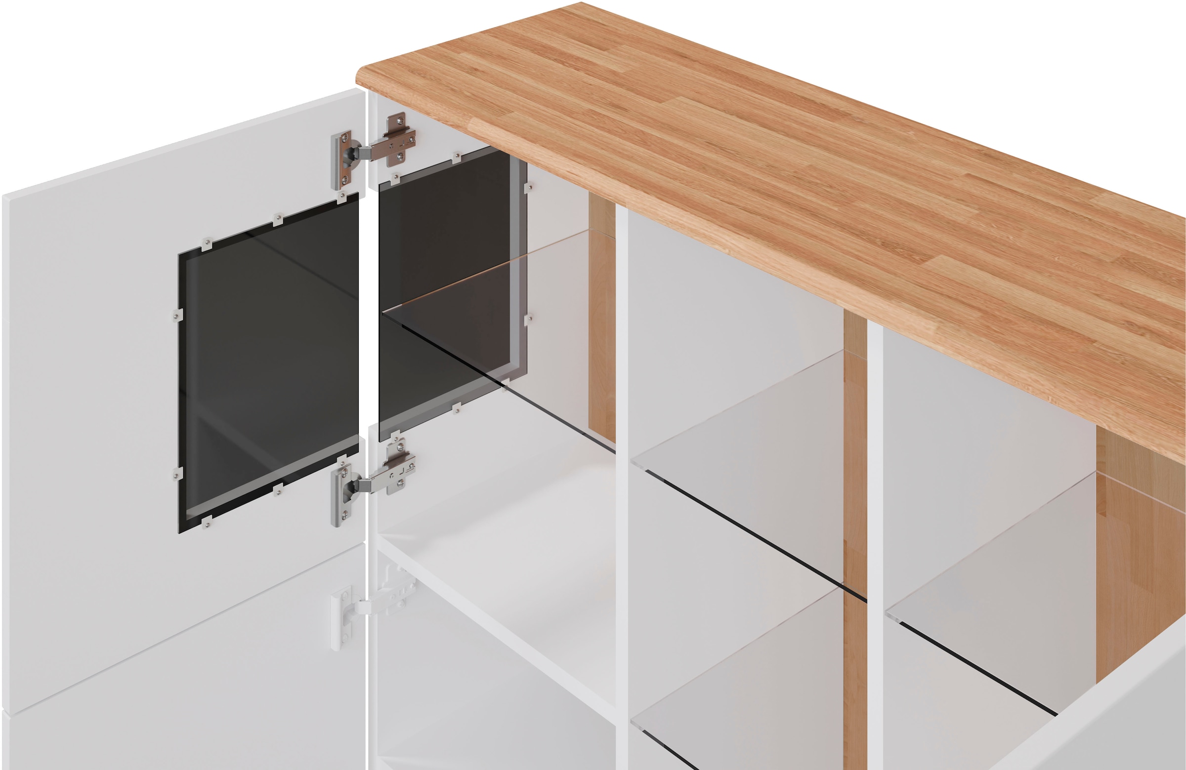Home affaire Highboard »Ribe,120cm breit,112cm hoch,12 Fächer«, Oberplatte Massivholz,schwarze Metall Griffe,2 Türen mit Glaseinsatz