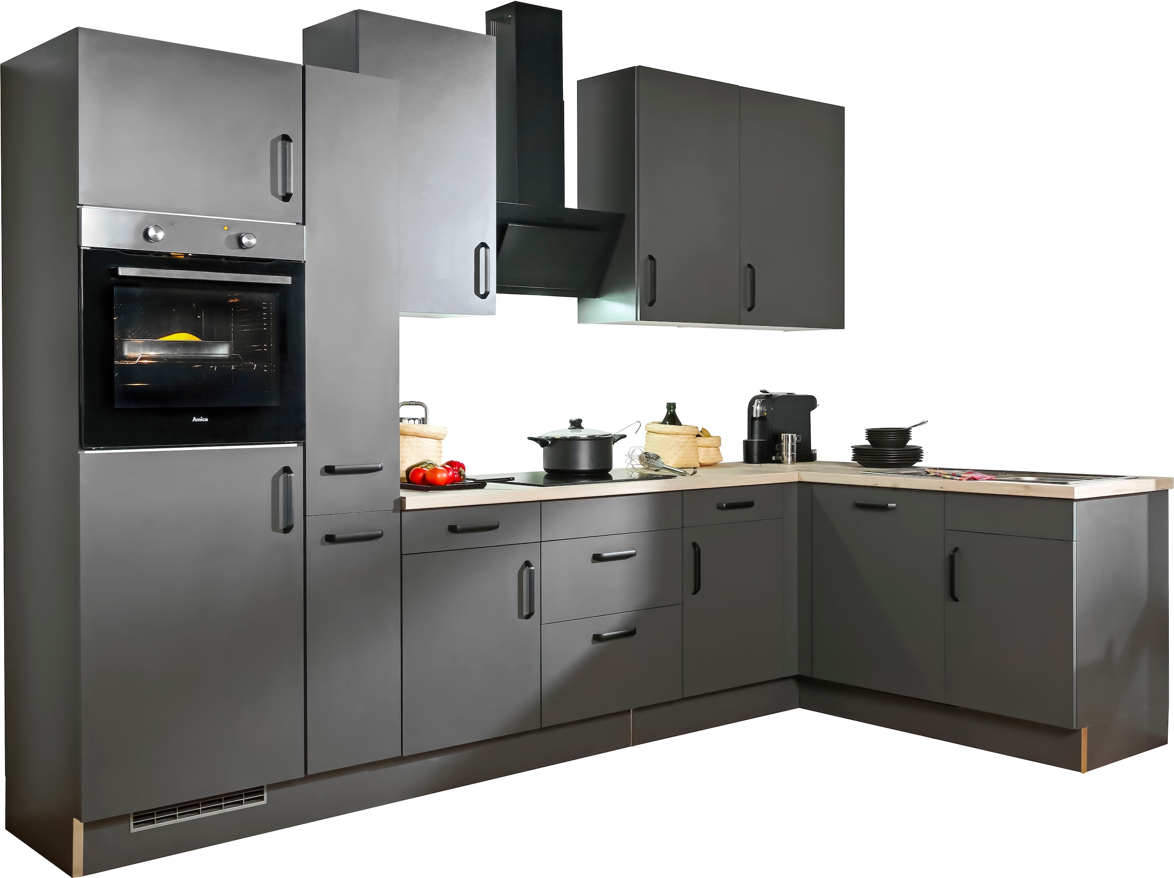 wiho Küchen Winkelküche »"Simi", mit verstellbaren Füssen, wahlweise mit E-Geräten« Soft-Close-Funktion in Schubkästen & Auszügen, Stellbreite 315/175 cm