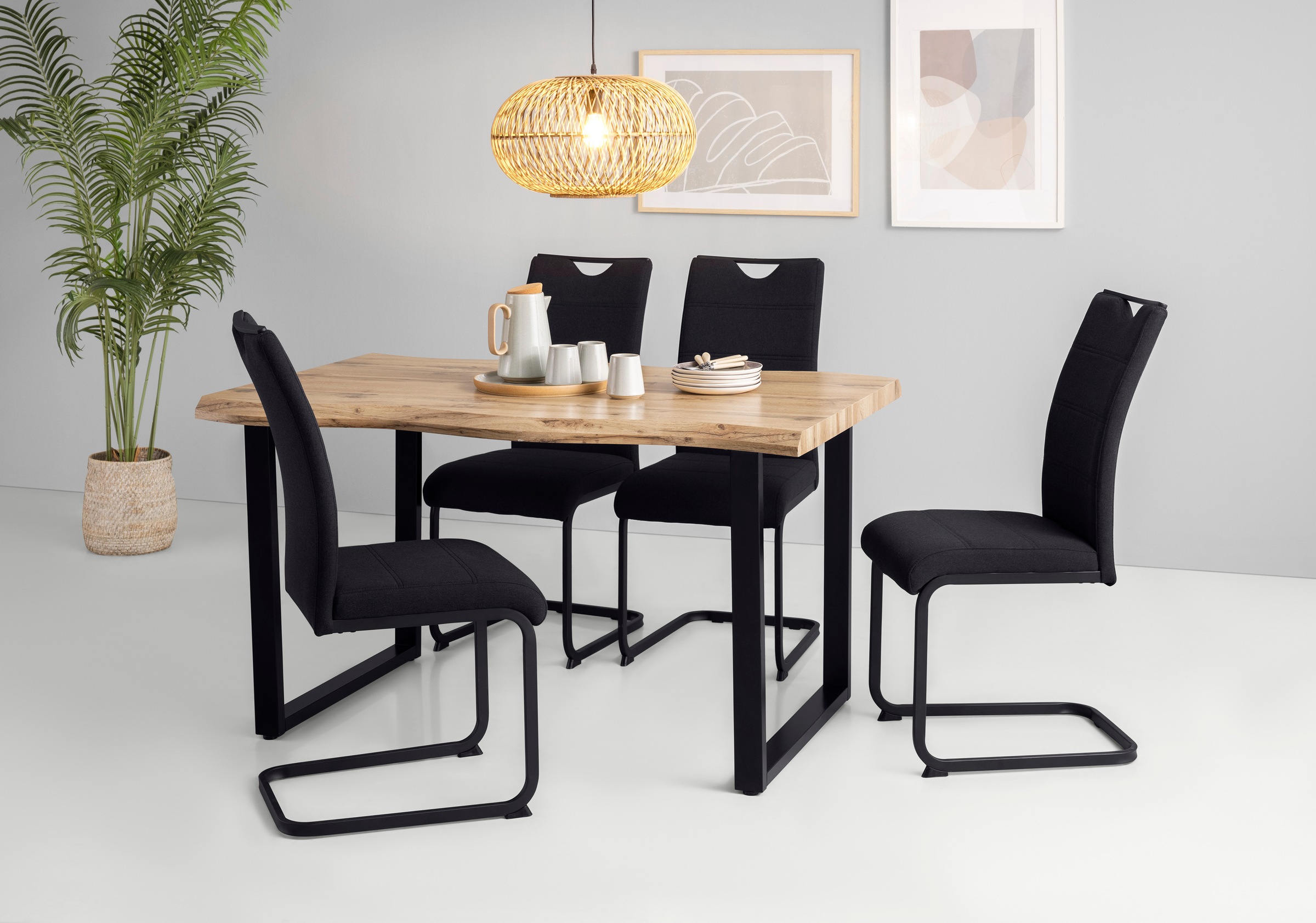 Image of HELA Essgruppe "GISELLE Esszimmer, Essgruppe, Sitzgruppe" Set, 5er Set, Tisch plus 4 Stühle, 5 Stk. tlg. Esstisch U-Gestell Metall, Tischplatte mit Baumkante, OTTOs Choice