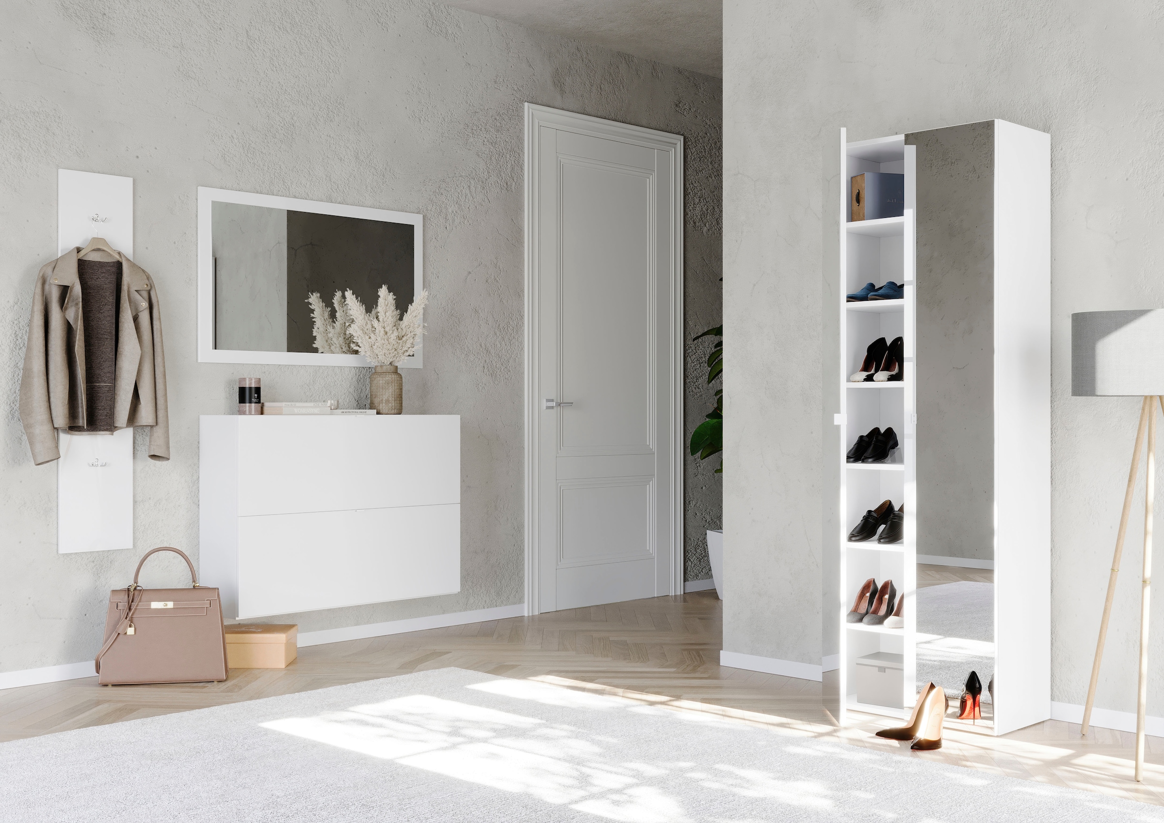 INOSIGN Schuhschrank »SMILE Breite 104 cm, 2 Klappen, komplett Weiss Hochglanz lackiert,«, Schuhkipper hängend o. stehend montierbar, 4 Fächer, Metallgriffe