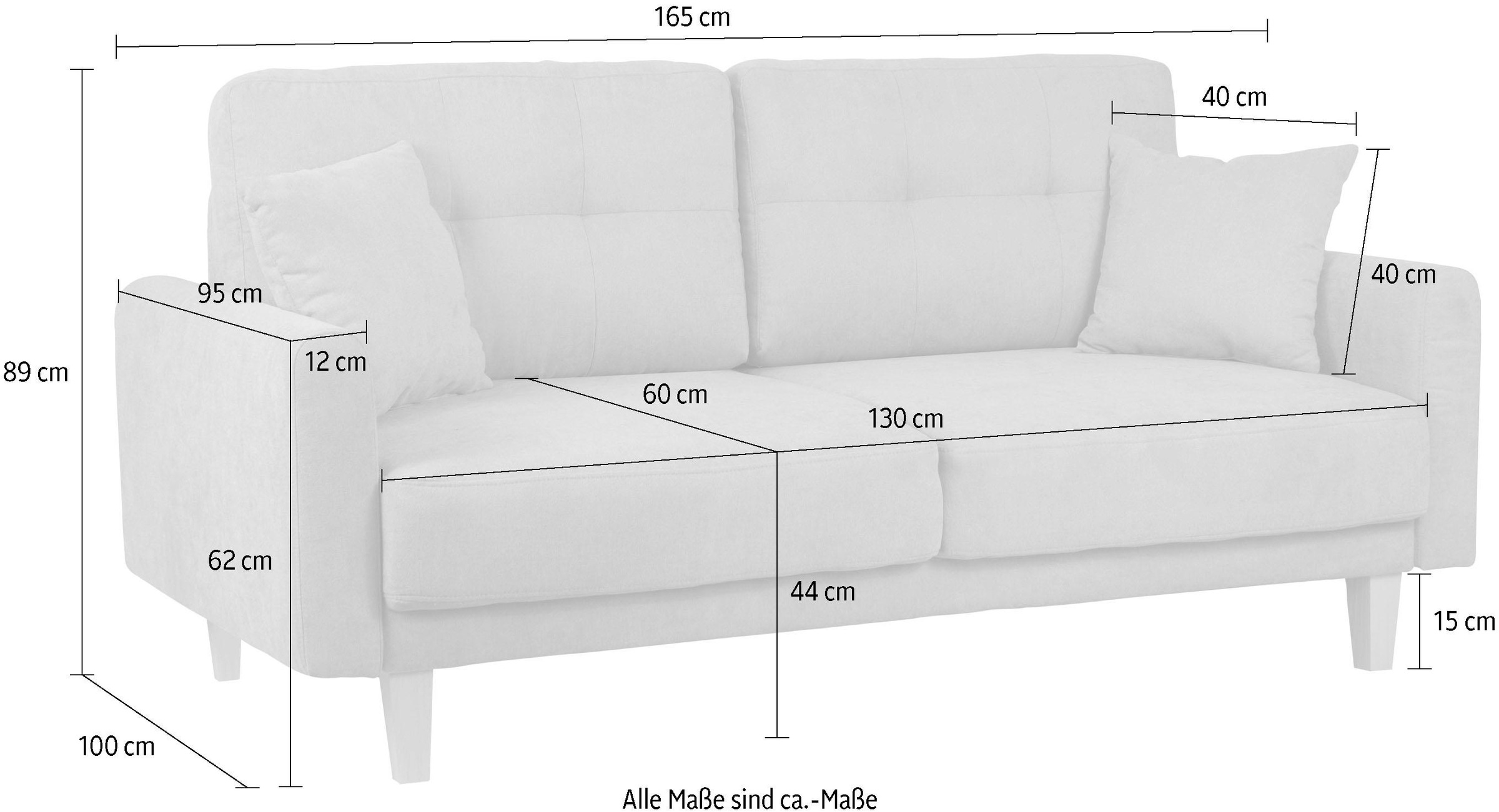Home affaire 2-Sitzer »TRIPLO mit Wellenunterfederung, Masse B/T/H: 165/100/89 cm«, Sofa mit Steppung im Rückenbereich, incl. Rückenkissen und Zierkissen