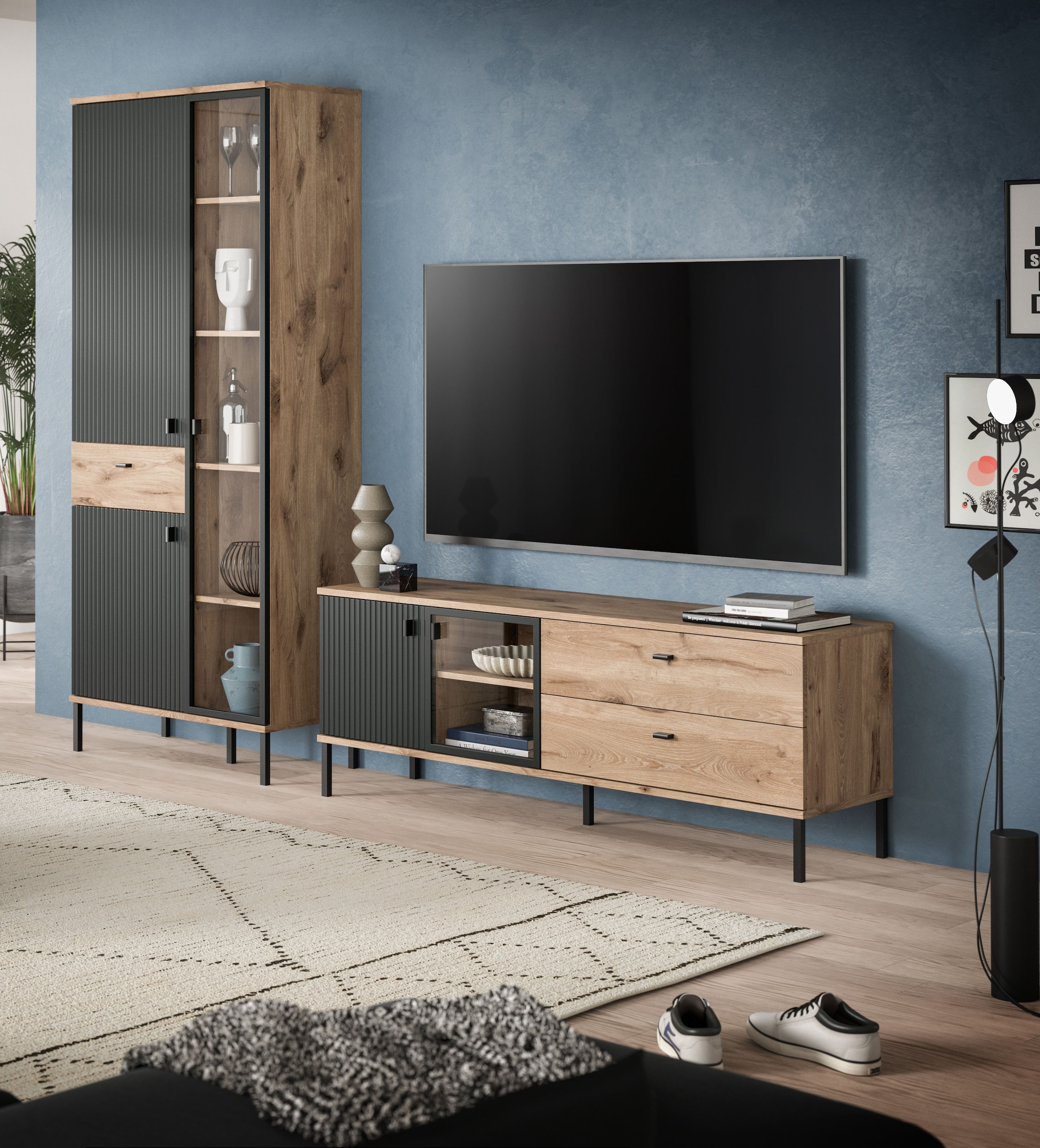 INOSIGN Wohnwand »TREVERK, Breite: 252 cm, hochwertige MDF-Front schwarz tiefzieh« Set, Set, best. aus: 1 Stauraumvitrine, 1 Lowboard, 2 Stk. tlg.