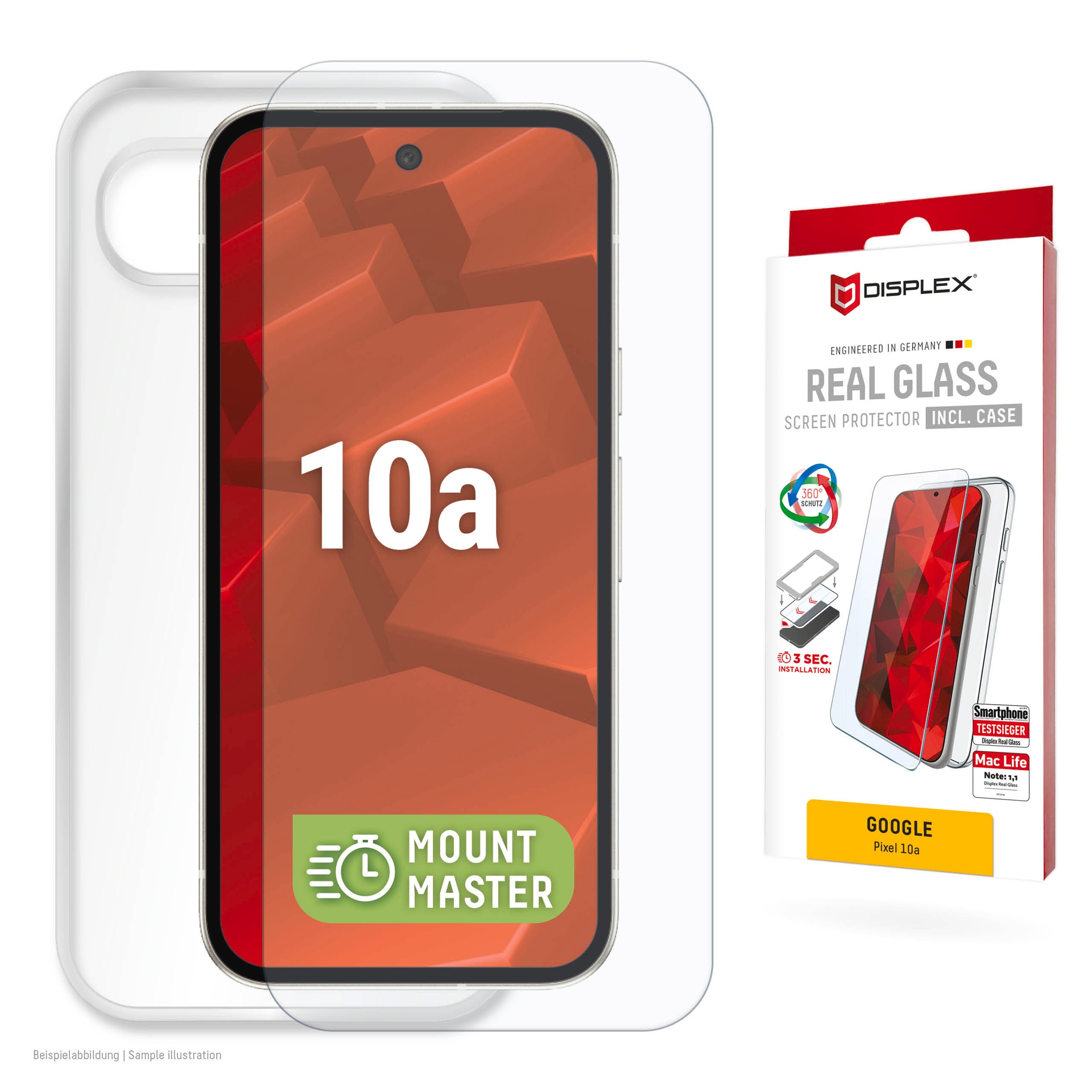 Displex Displayschutzglas "Real Glass Screen Protector inkl. Case mit MountMaster" für Google Pixel 10a Displayschutzfolie, Schutzfolie, Bildschirmschutz, kratz- & stossfest