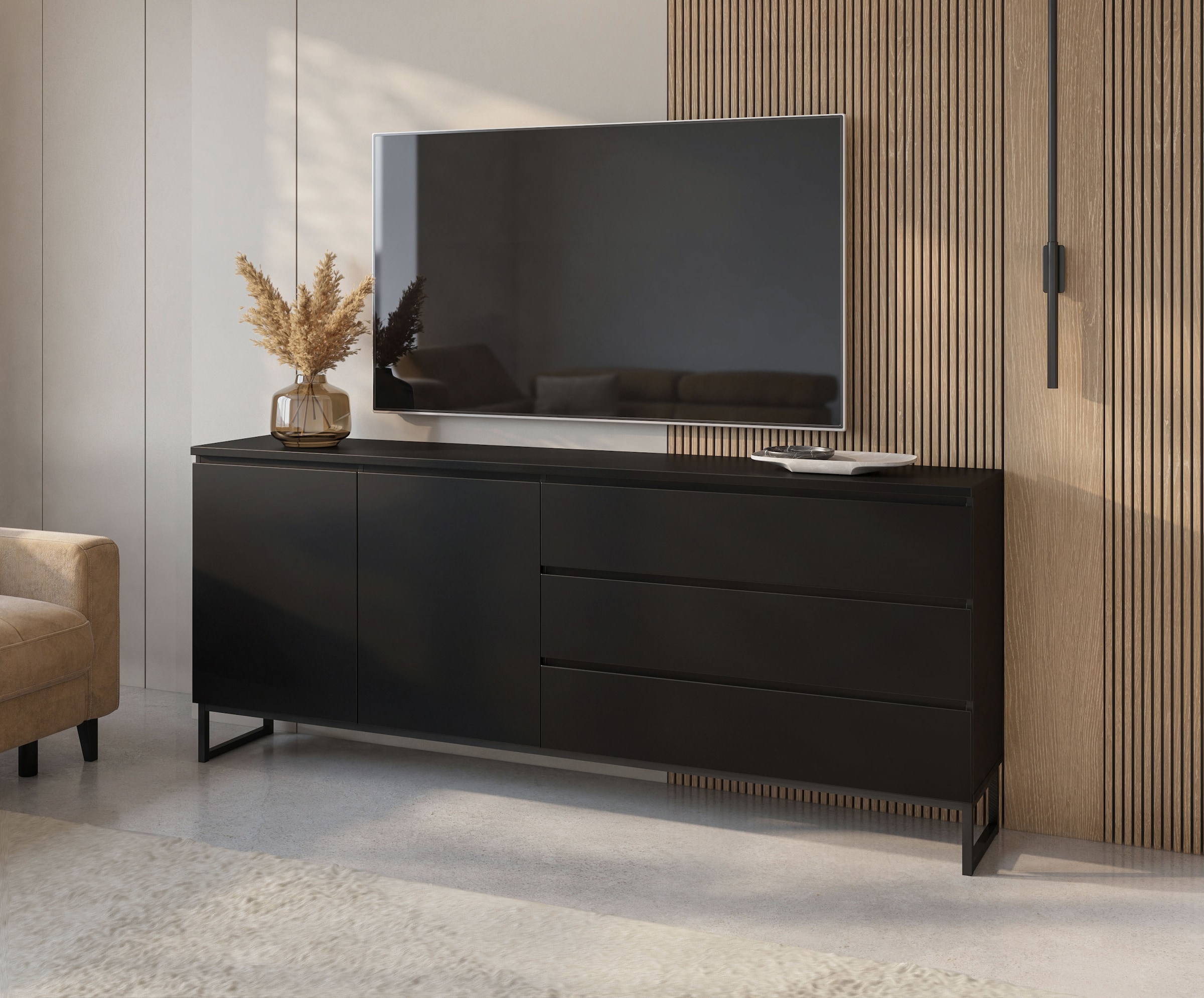 GOODproduct Buffet »Modo II, Breite 200 cm, moderne grifflose Kommode 2Türen/3 SK« commode à tiroirs avec beaucoup d'espace de rangement, étagères réglables, patins en métal