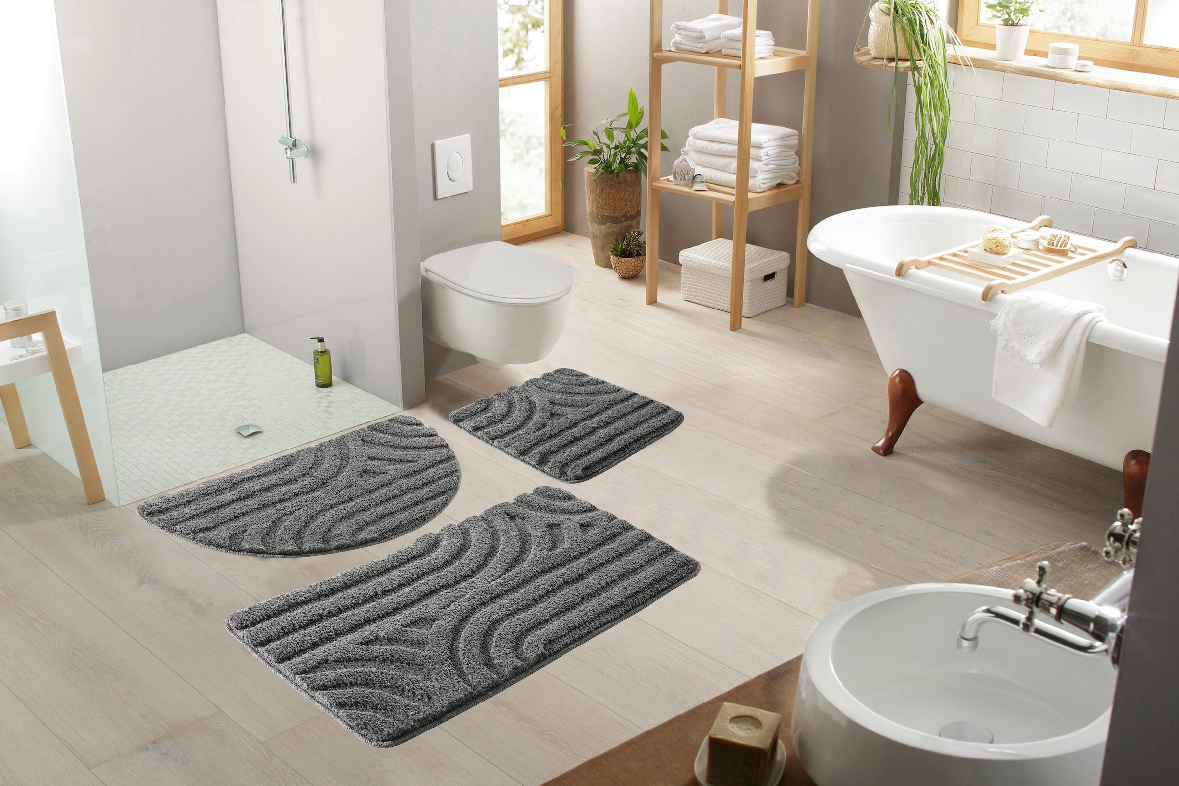 my home Badematte »Sanremo Scandi, Badvorleger, Badezimmer Teppich, Duschvorleger«, rutschhemmend beschichtet, strapazierfähig, Badteppich, Uni Farben, Hoch-Tief-Effekt, modernes Muster, Boho