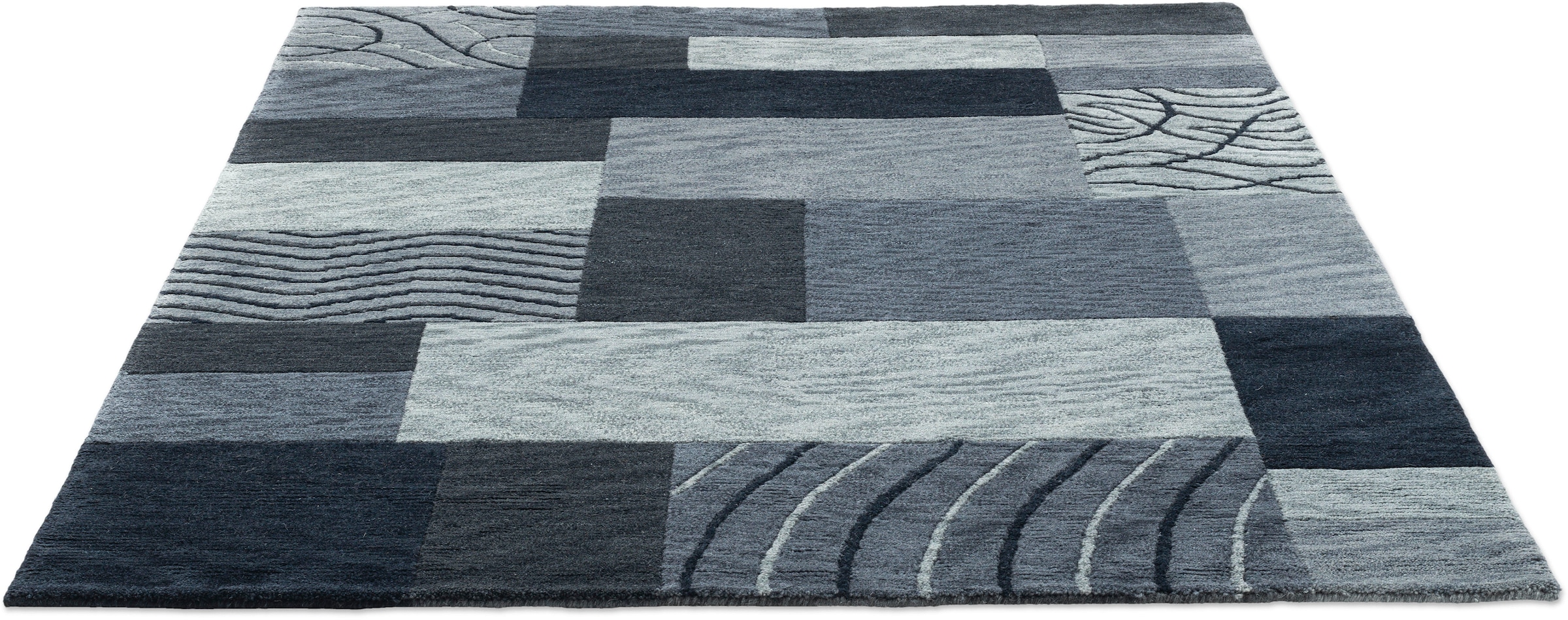 Image of THEKO Wollteppich "Domas 4028" rechteckig 12 mm Höhe Kurzflor, reine Wolle, handgeknüpft, modernes Patchwork Design