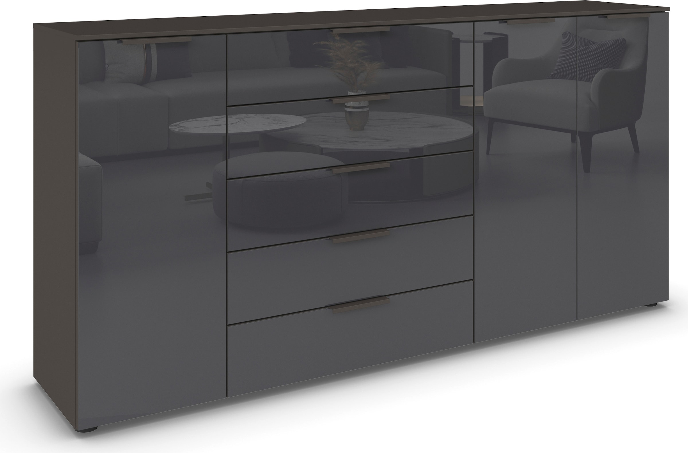 rauch Commode combinée »Kommode Türkommode Sideboard Kombikommode FLIPP mit Glasfront« Largeur 200 cm avec 4 étagères,  3 portes avec 5 tiroirs et fonction soft-close ainsi que façade en verre