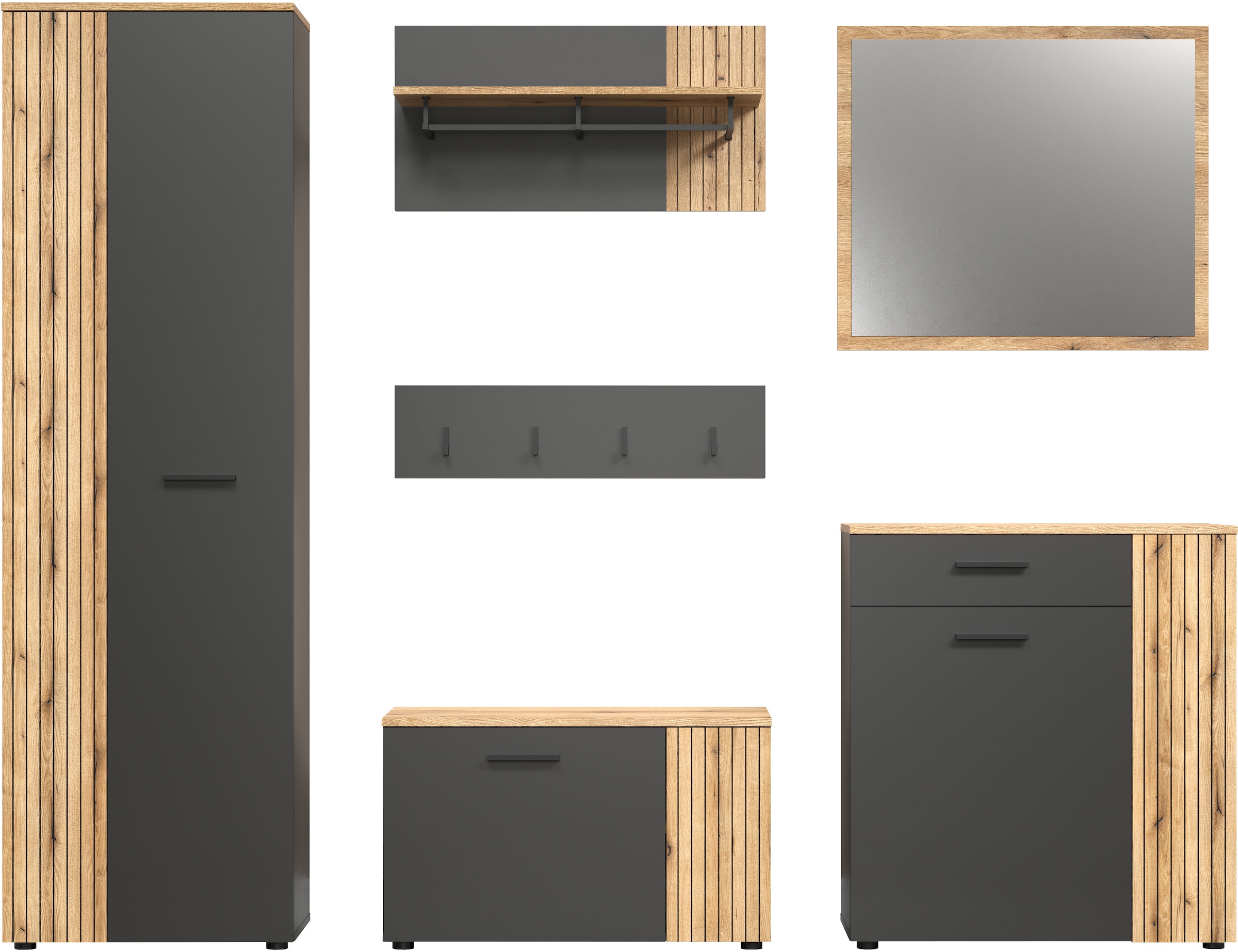 INOSIGN Garderoben-Set »Estepona«, (Komplett-Set, 6 St.), Garderobenmöbel mit Rillenoptik - Masse (B/T/H) 250/36/195 cm
