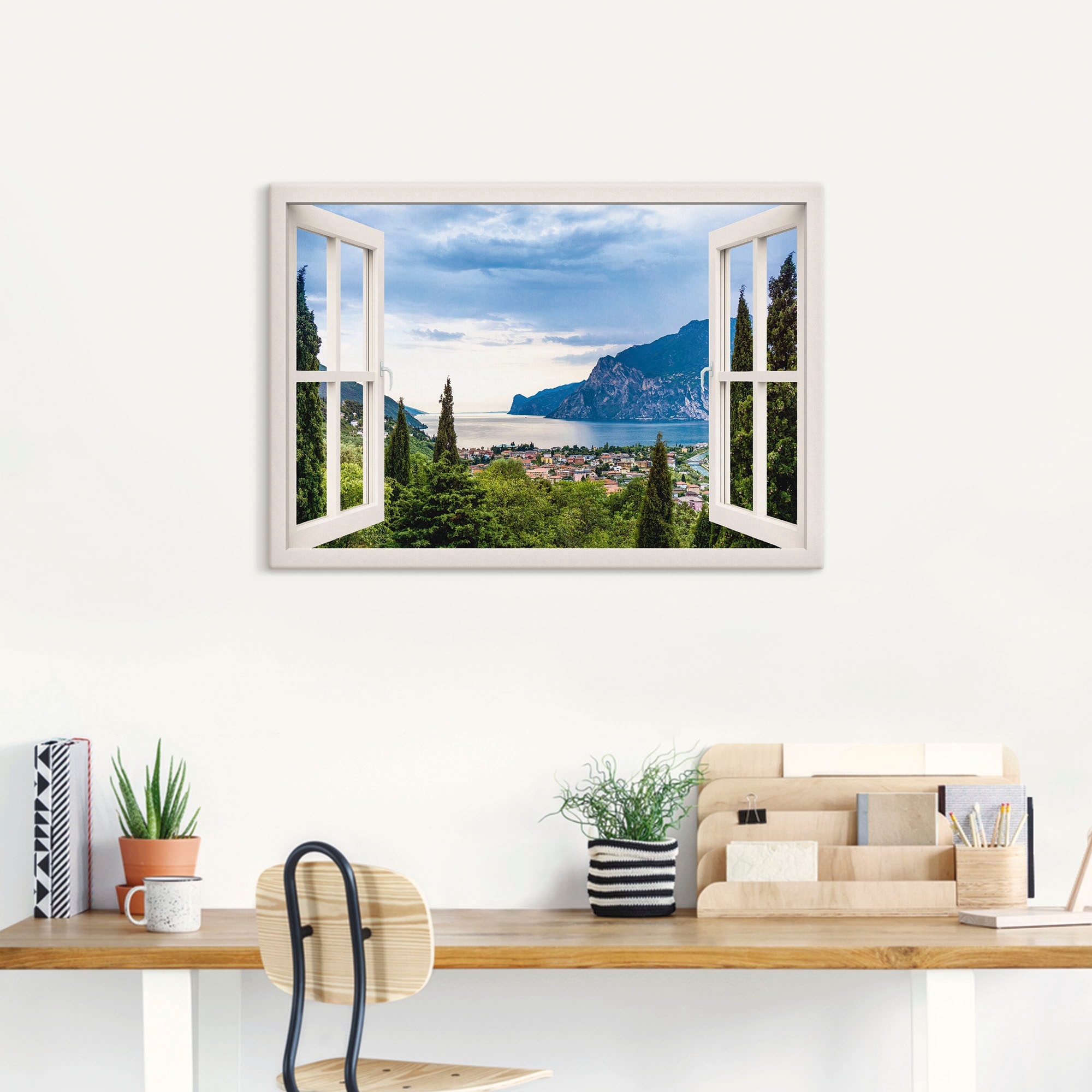 Artland Wandbild »Gardasee durchs weisse Fenster«, Seebilder, (1 St.), als Alubild, Outdoorbild, Leinwandbild, Poster, Wandaufkleber