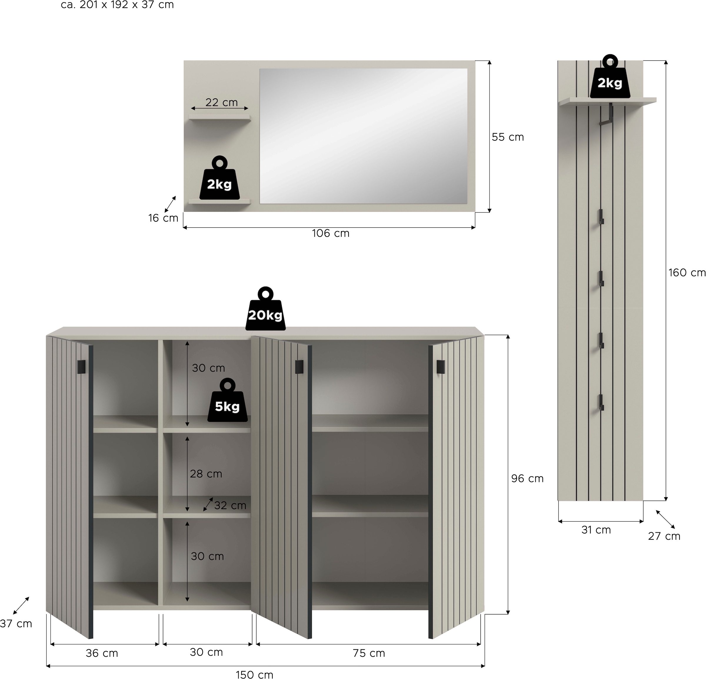 Home affaire Garderoben-Set »TATIO, 3-tlg. Garderobenkombination, Breite: 201 cm, Rillenfräsung« Set, Set, best. aus: 1 Spiegel, 1 Garderobenpaneel, 1 Schuhkommode, 3 Stk. tlg.