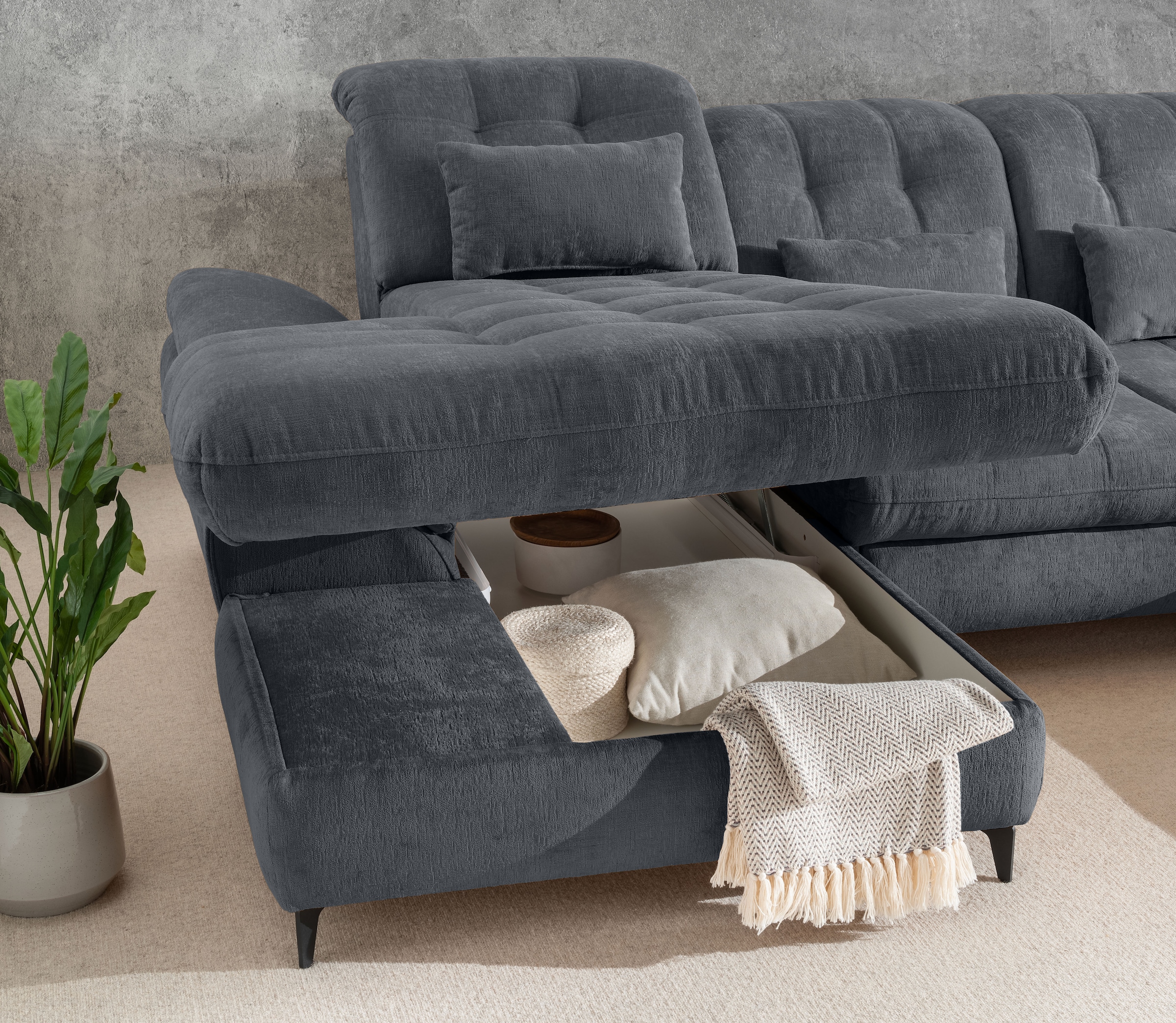 GOODproduct Paysage de salon »Delphino Multifunktionen, Bettfunktion, Breite 273cm, L-Form« comprend coffre-lit, fonction sommeil, réglage de la tête et de la profondeur de l'assise