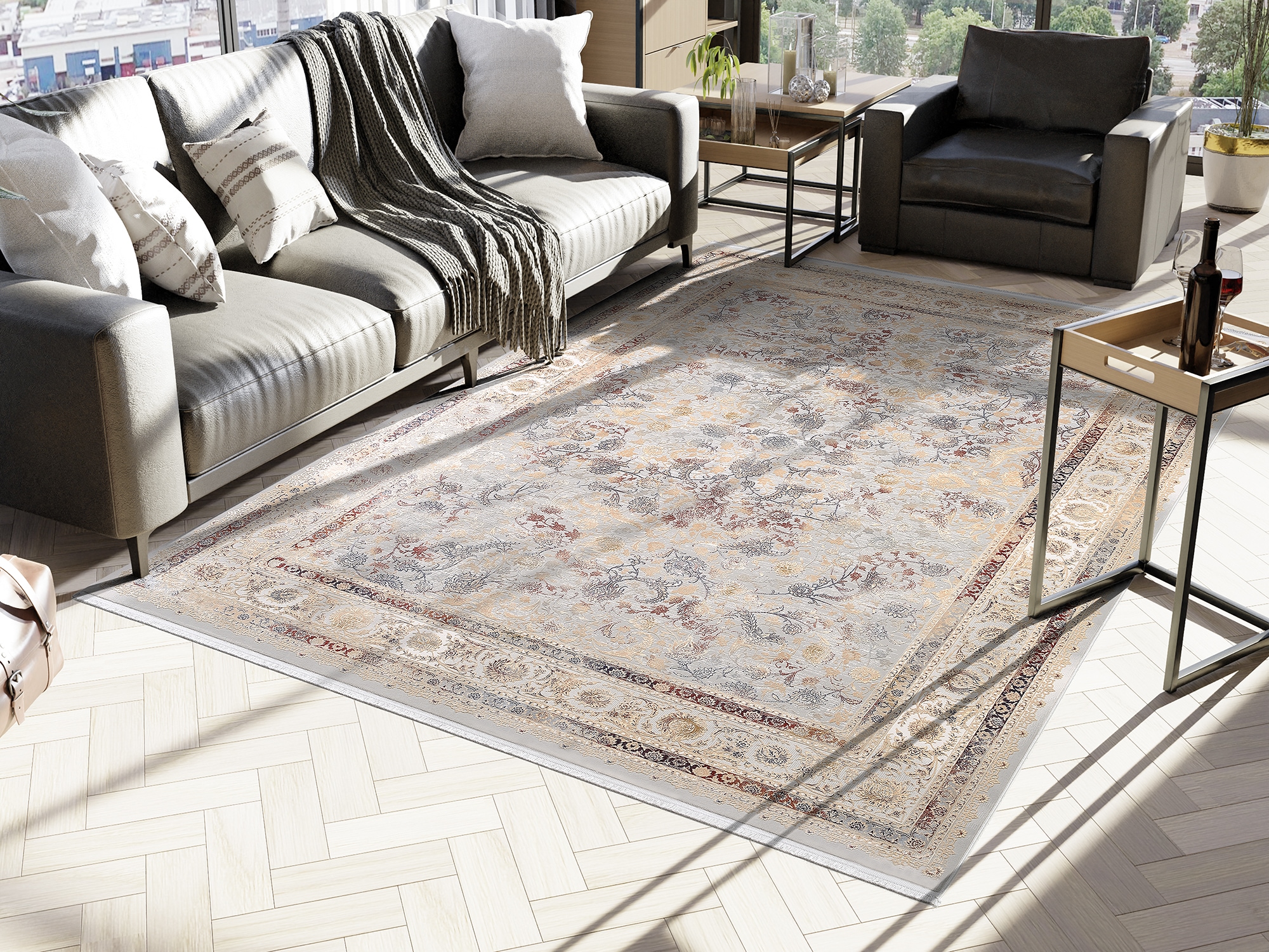 Image of OCI DIE TEPPICHMARKE Teppich "MYSTIC LIMITED" quadratisch 7 mm Höhe florale Muster in 3D-Optik, Bordüre, maschinell gewebt, Wohnzimmer