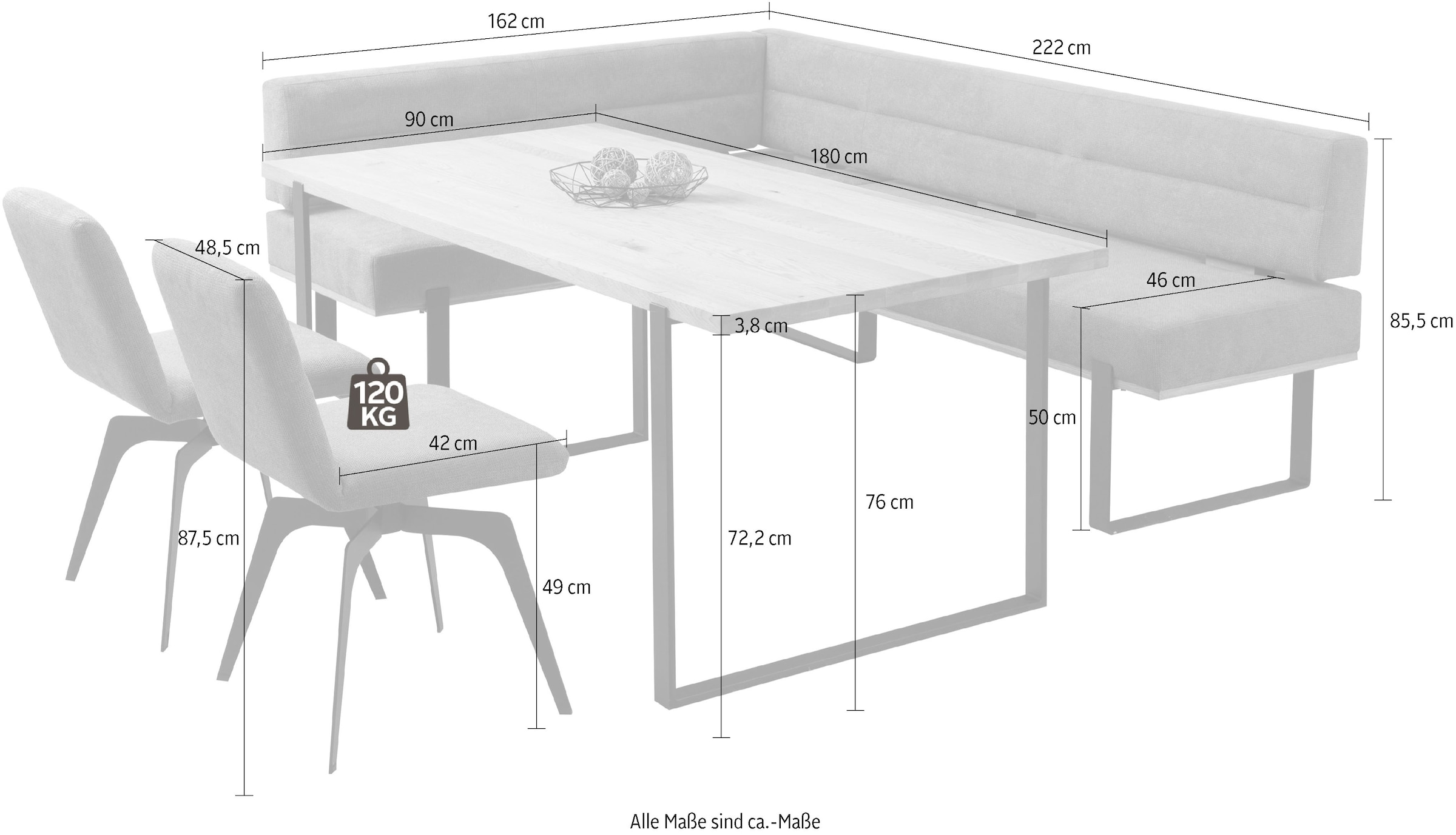 Home affaire Eckbankgruppe »Erin Essgruppe Küche Esszimmer«, (Set, 4 tlg., Tisch, 2 Stühle, 1 Eckbank), Tisch Stühle Eckbank