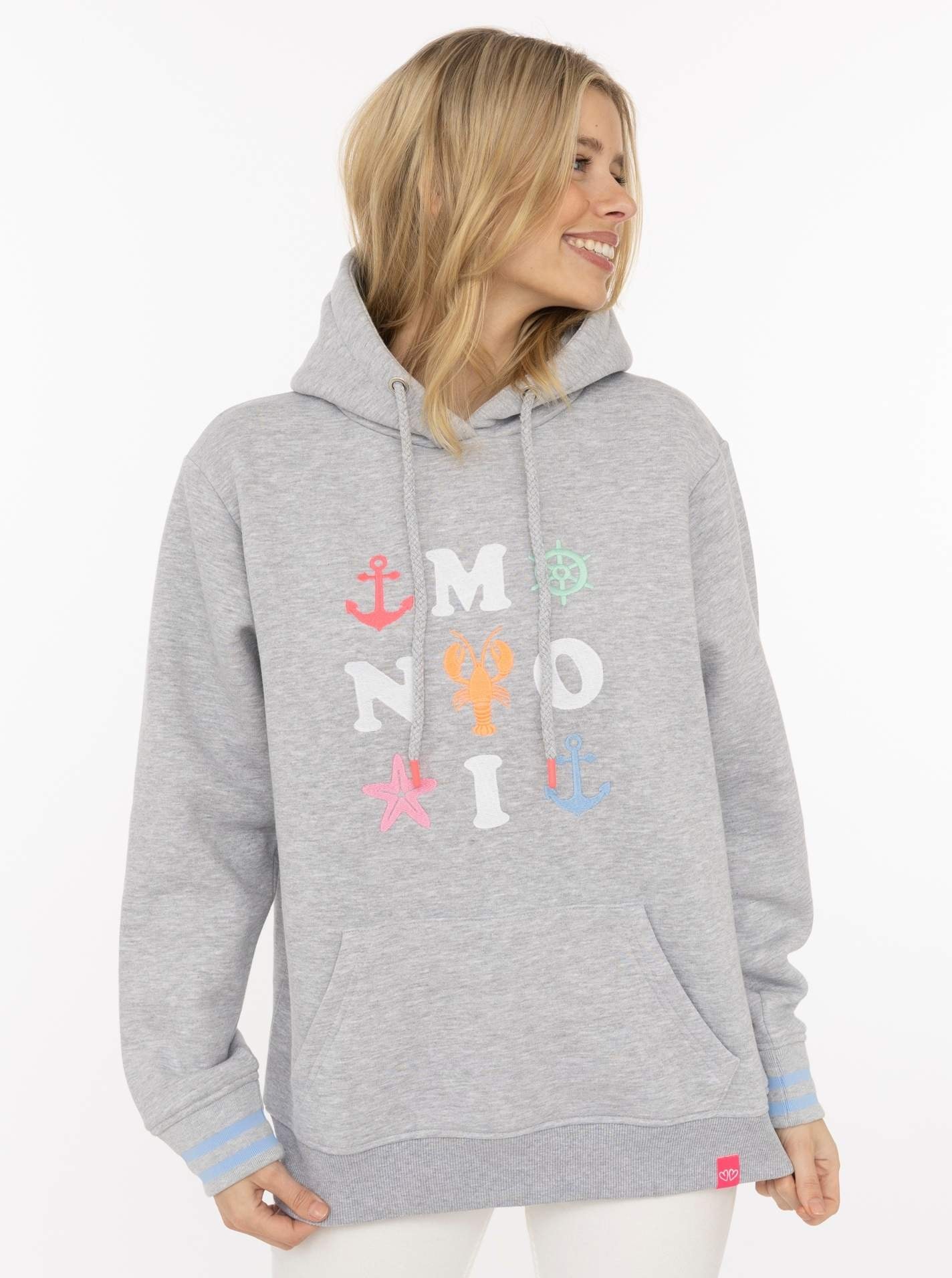 Image of Zwillingsherz Hoodie ""MOIN"", Motiv mit Anker, gestreifte Ärmelbündchen, Kapuze, Kängurutasche