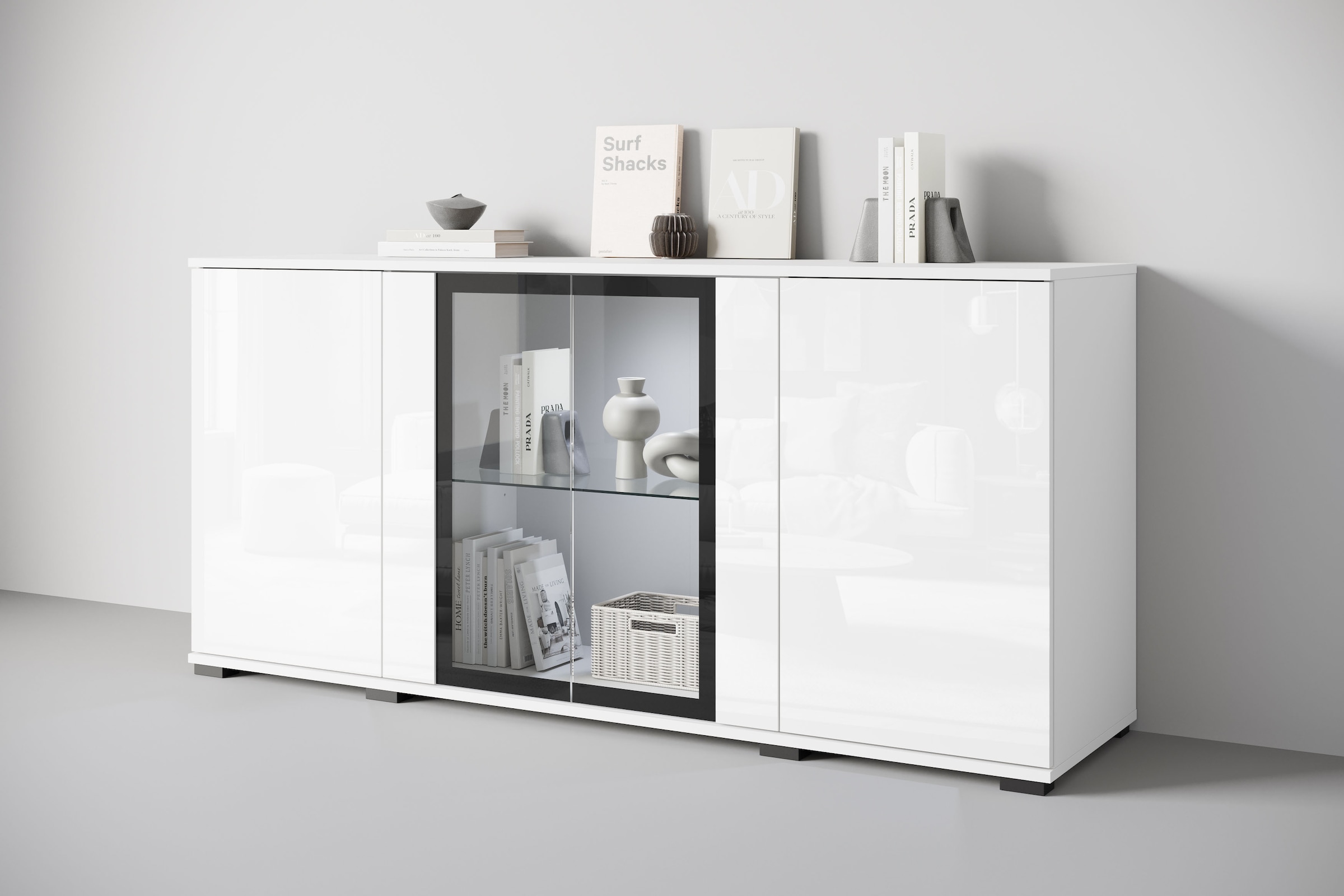 Home affaire Buffet »Caro, modernes Design mit Glaseinsätzen, Breite 150 cm« 1 cuis tlg. façades sans poignées avec push-to-open, étagères réglables en hauteur,