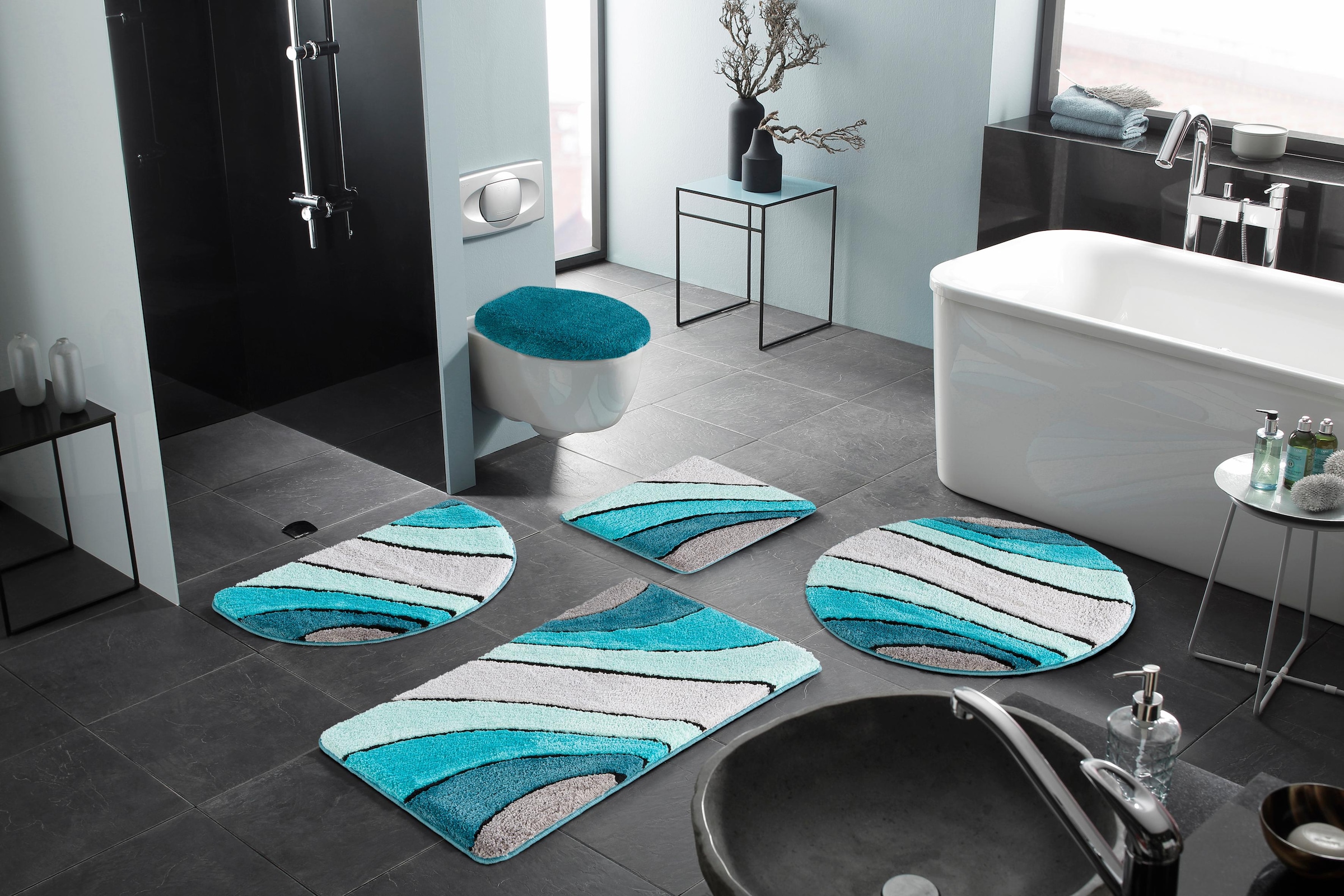 my home Badematte »Josie, Badvorleger, Badezimmer Teppich«, rutschhemmend beschichtet, fussbodenheizungsgeeignet-schnell trocknend-strapazierfähig, Badteppich, Badematten, rechteckig, rund & als 3-tlg. Set erhältlich