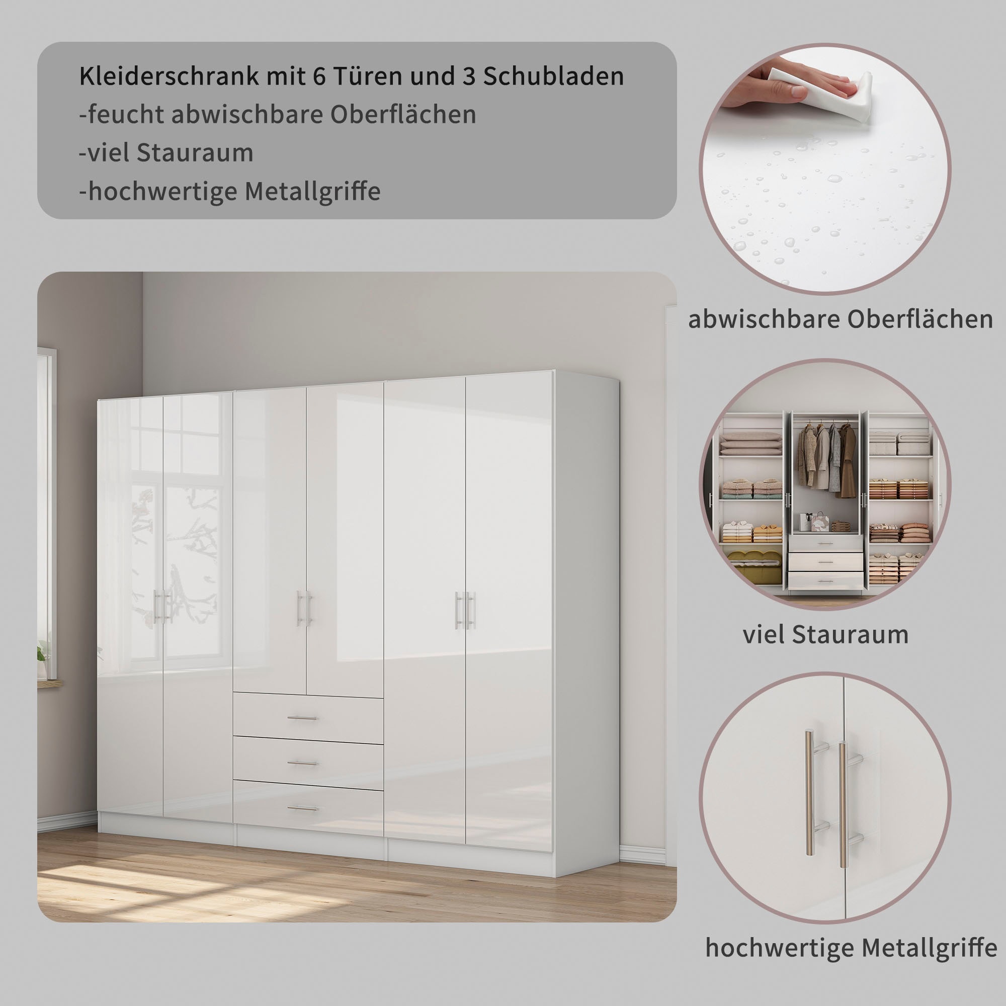 GOODproduct Kleiderschrank »Trento Schlafzimmerschrank Garderobe hochglanz« Schrank mit 6 Türen und 3 Schubladen, höchglänzende Fronten