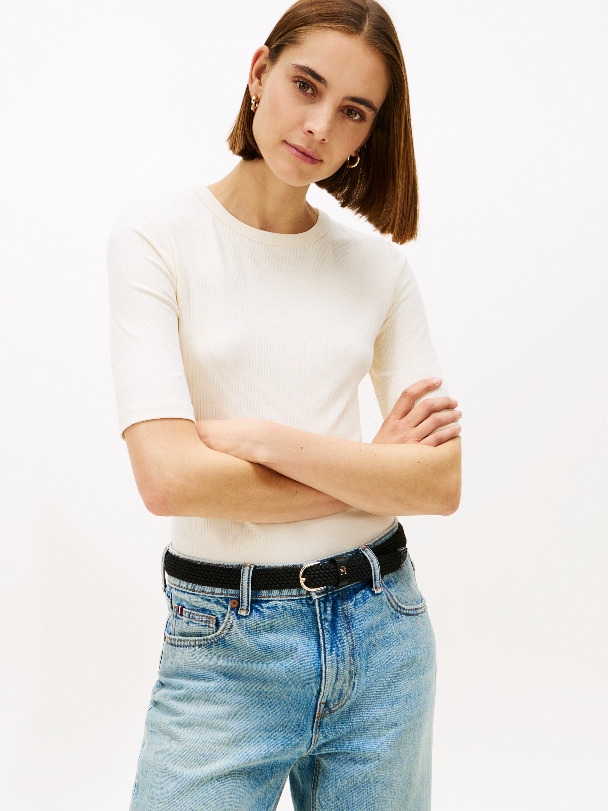 Tommy Hilfiger T-shirt à manches courtes »SLIM 5X2 RIB C-NK 1/2 SLV mit Rundhals und Rippstruktur« unifarben, casual, slim fit, Viskosemix, Rundhals