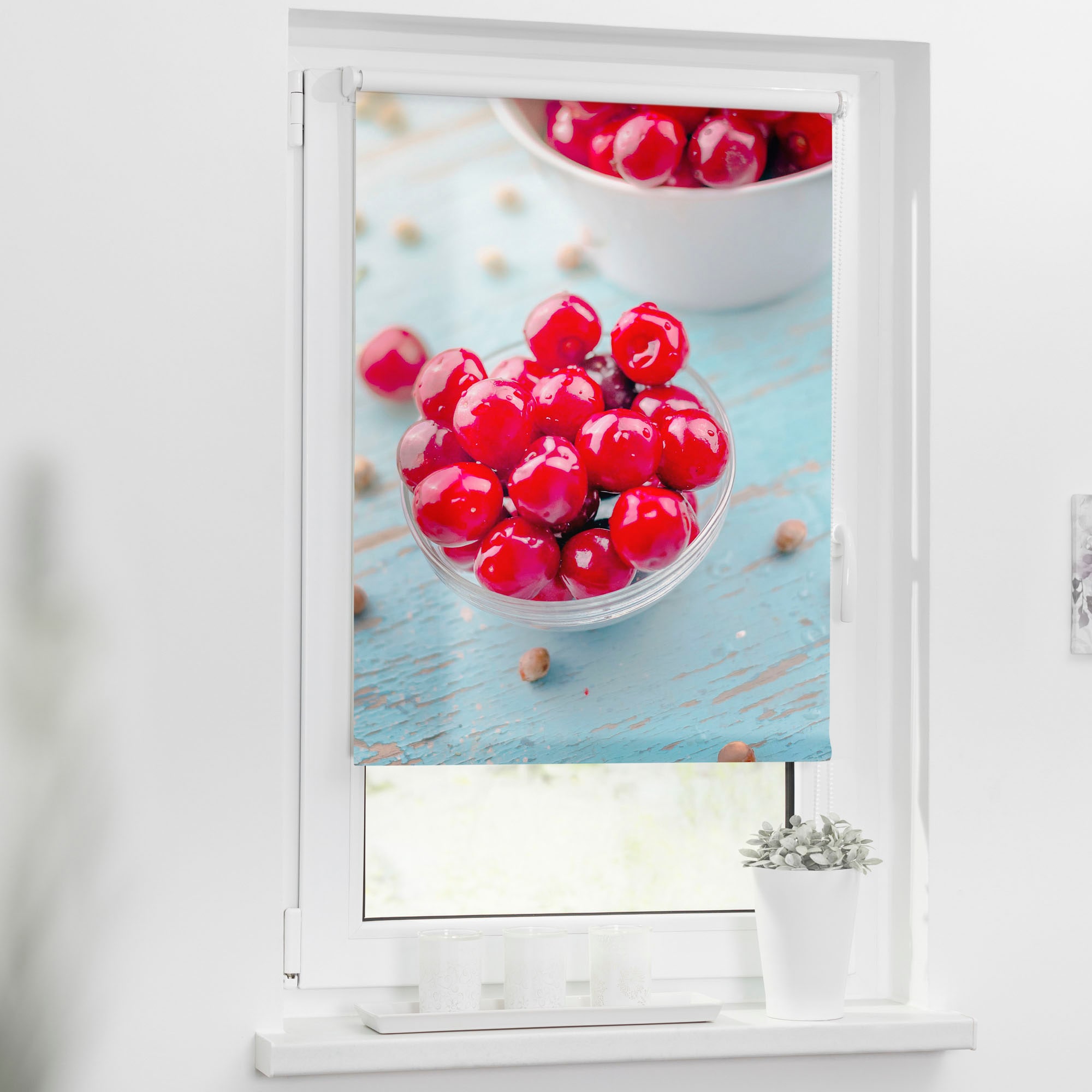 LICHTBLICK ORIGINAL Store à tirage latéral »Rollo Klemmfix, ohne Bohren, Verdunkelung, Kirschen - Rot« verdunkelnd freihängend