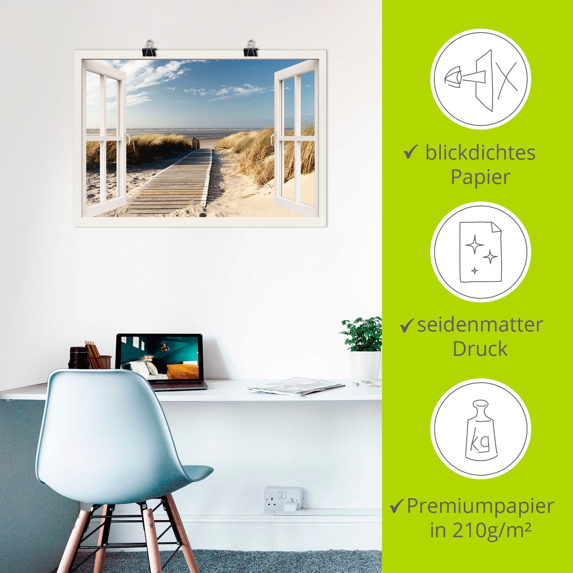 Artland Wandbild »Fensterblick Nordseestrand auf Langeoog«, Fensterblick, (1 St.), als Leinwandbild, Poster, Wandaufkleber in verschied. Grössen
