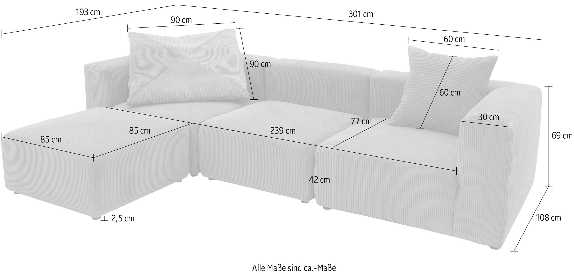 RAUM.ID Ecksofa »Gerrid L-Form«, Cord-Bezug, Modulsofa, bestehend aus Eck- und Mittelelement + Hocker