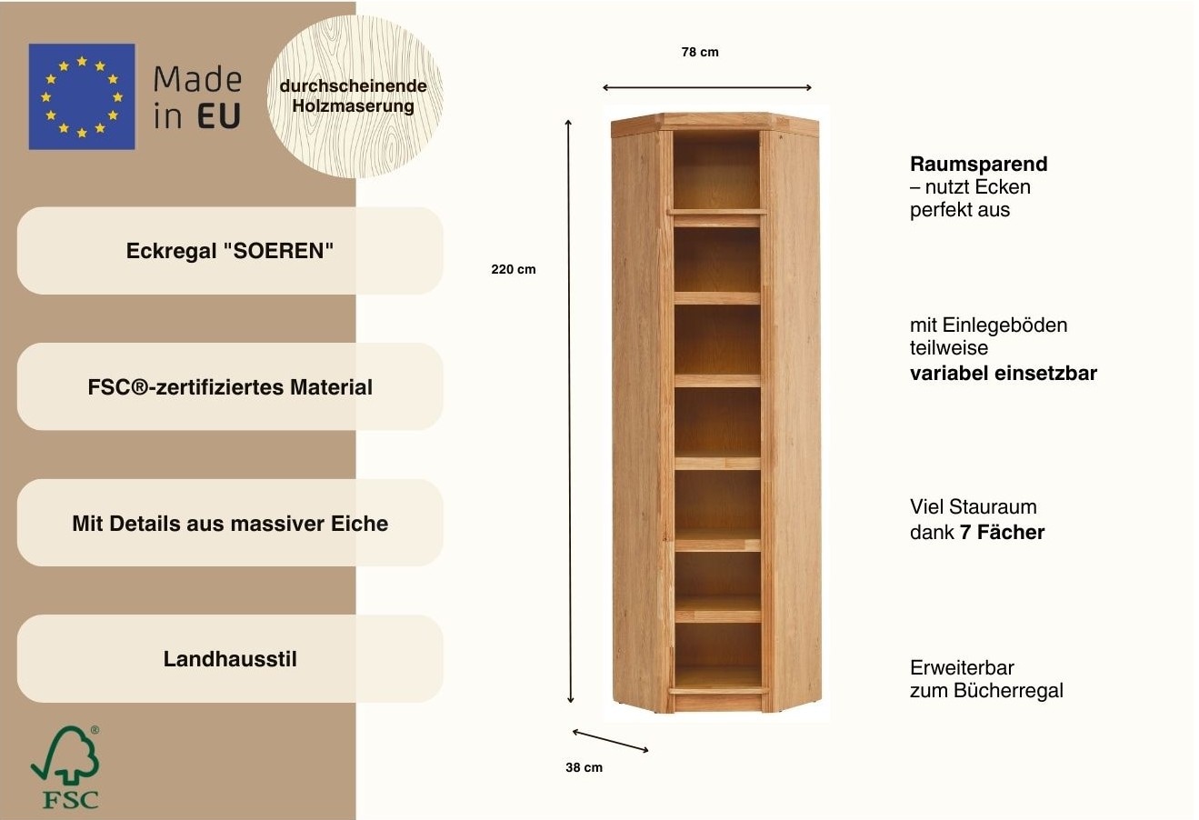 GOODproduct Eckregal »Soeren Eiche Regal Höhe 220 cm, FSC®-zertifiziert« passend für Regale Soeren mit einer Tiefe von 29 cm