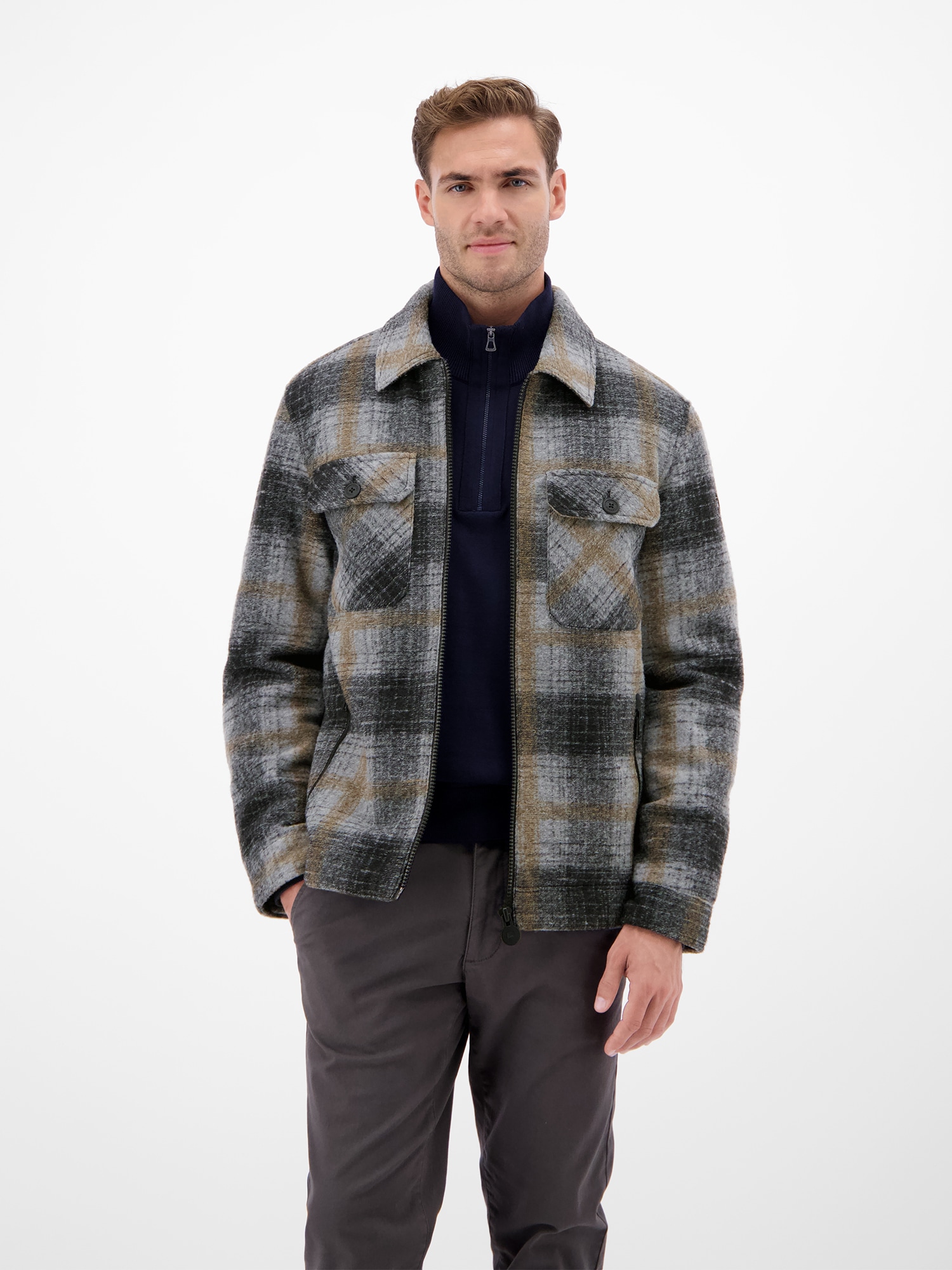 LERROS Outdoorjacke »LERROS Karierte Outdoor-Hemdjacke in Woll-Optik« ohne Kapuze Keine Angabe