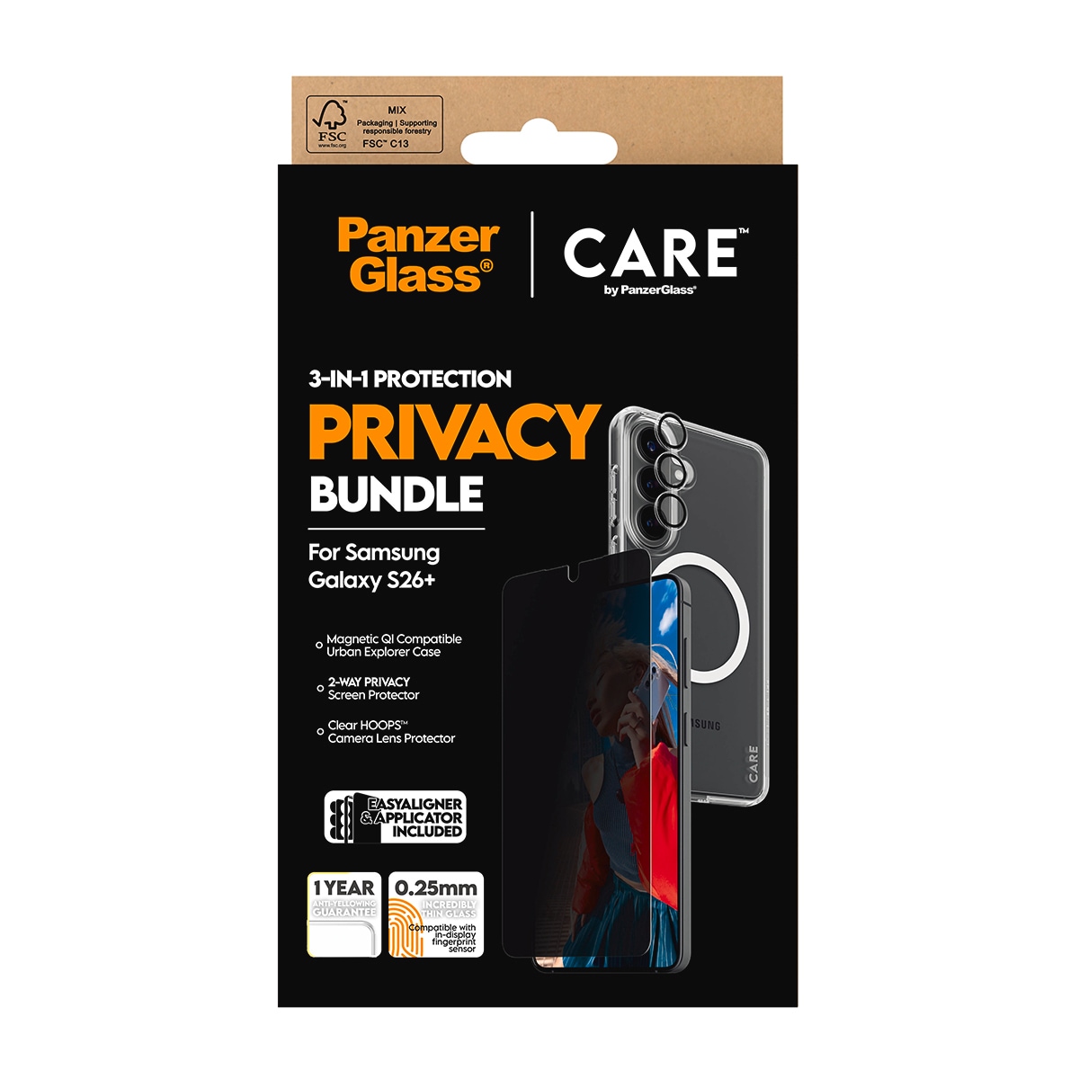 CARE by PanzerGlass Displayschutzglas »3-in-1 Protection Privacy Bundle« für Samsung Galaxy S26+ Displayschutzfolie, Schutzfolie, Bildschirmschutz, kratz- & stossfest