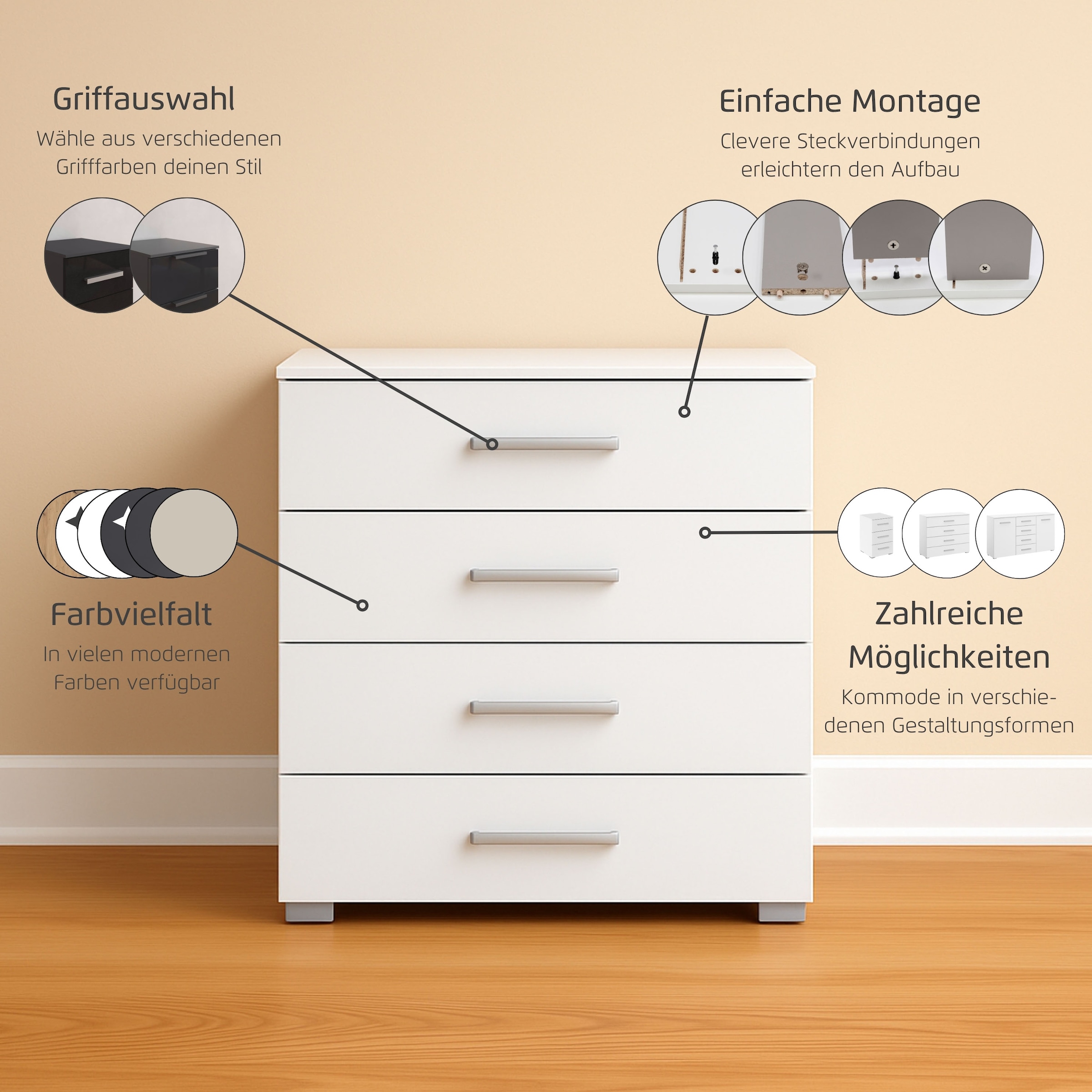 GOODproduct Schubkastenkommode »Kommode Sideboard Schubladenkommode Schlafzimmerkommode KOLUNA« Breite 80 cm mit hochwertiger Glasfront,  vier grosse und geräumige Schubladen mit viel Stauraum MADE IN GERMANY