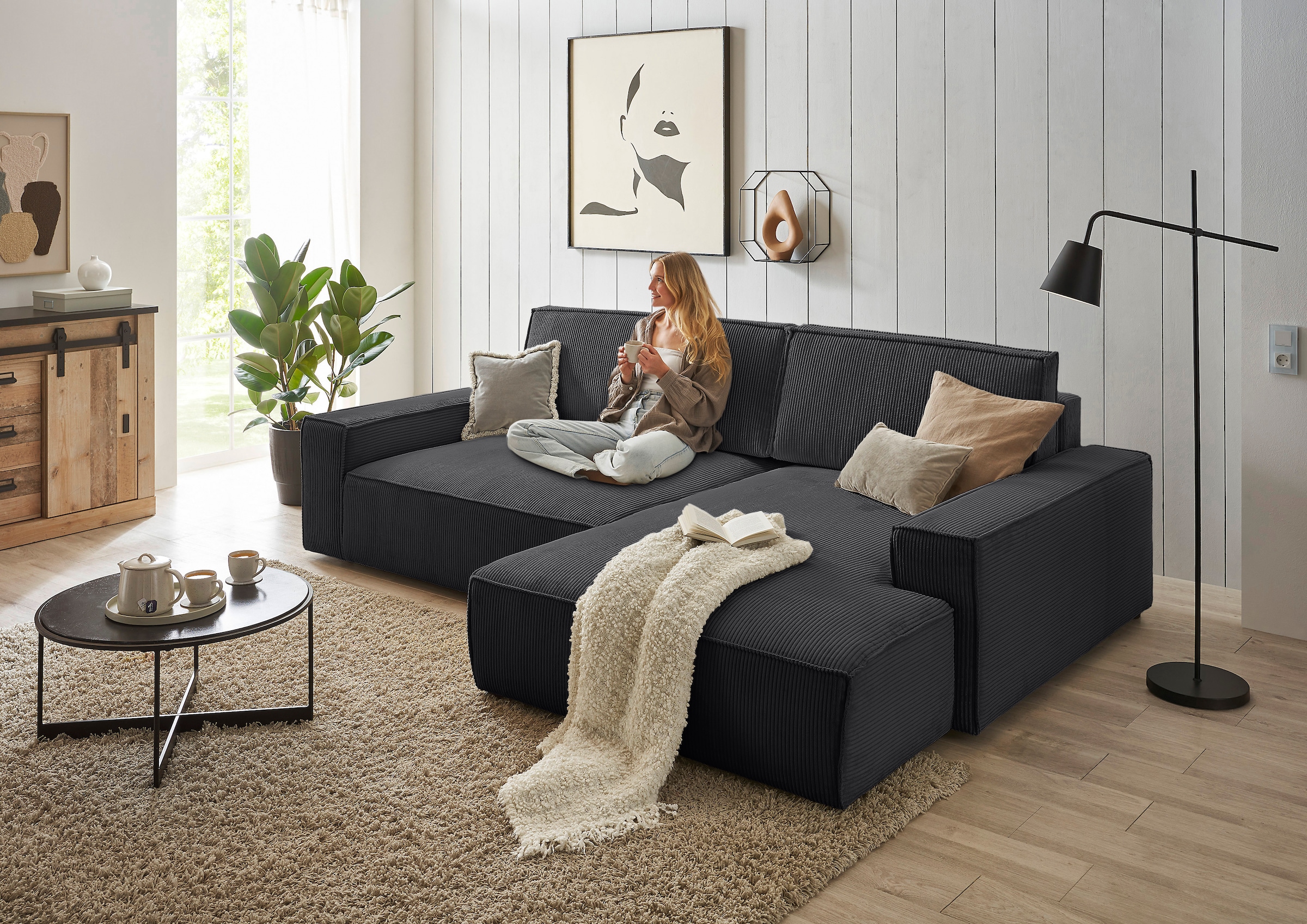 Home affaire Canapé d'angle »NEU: SHERWOOD XXL 284, Big-Sofa L-Form, tiefe Sitzfläche 95 cm, Cord« Recamiere rechts/links, als Schlafsofa stellbar, Cord u. Leinenoptik