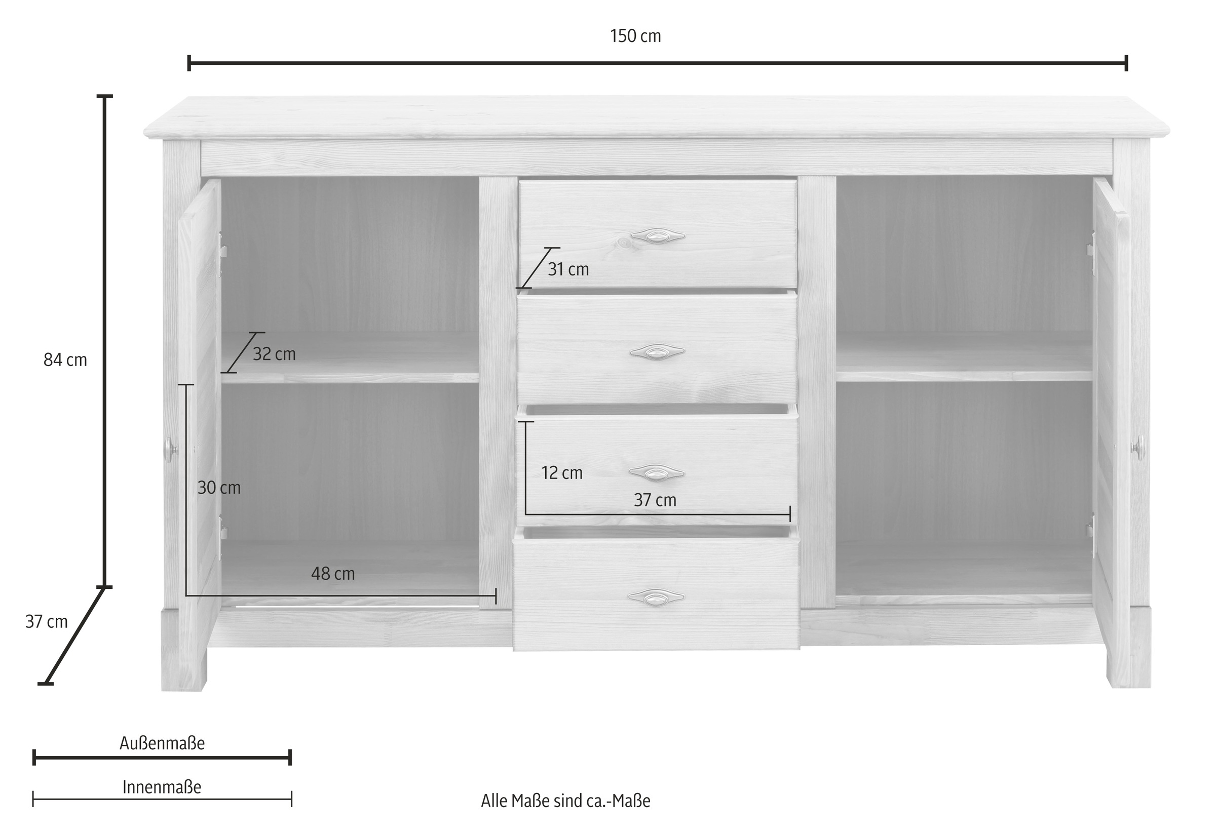 Home affaire Sideboard »Rauna«, (B/T/H: 150/37/84 cm), Kommode, FSC®-zertifiziertes Massivholz, Breite 150 cm