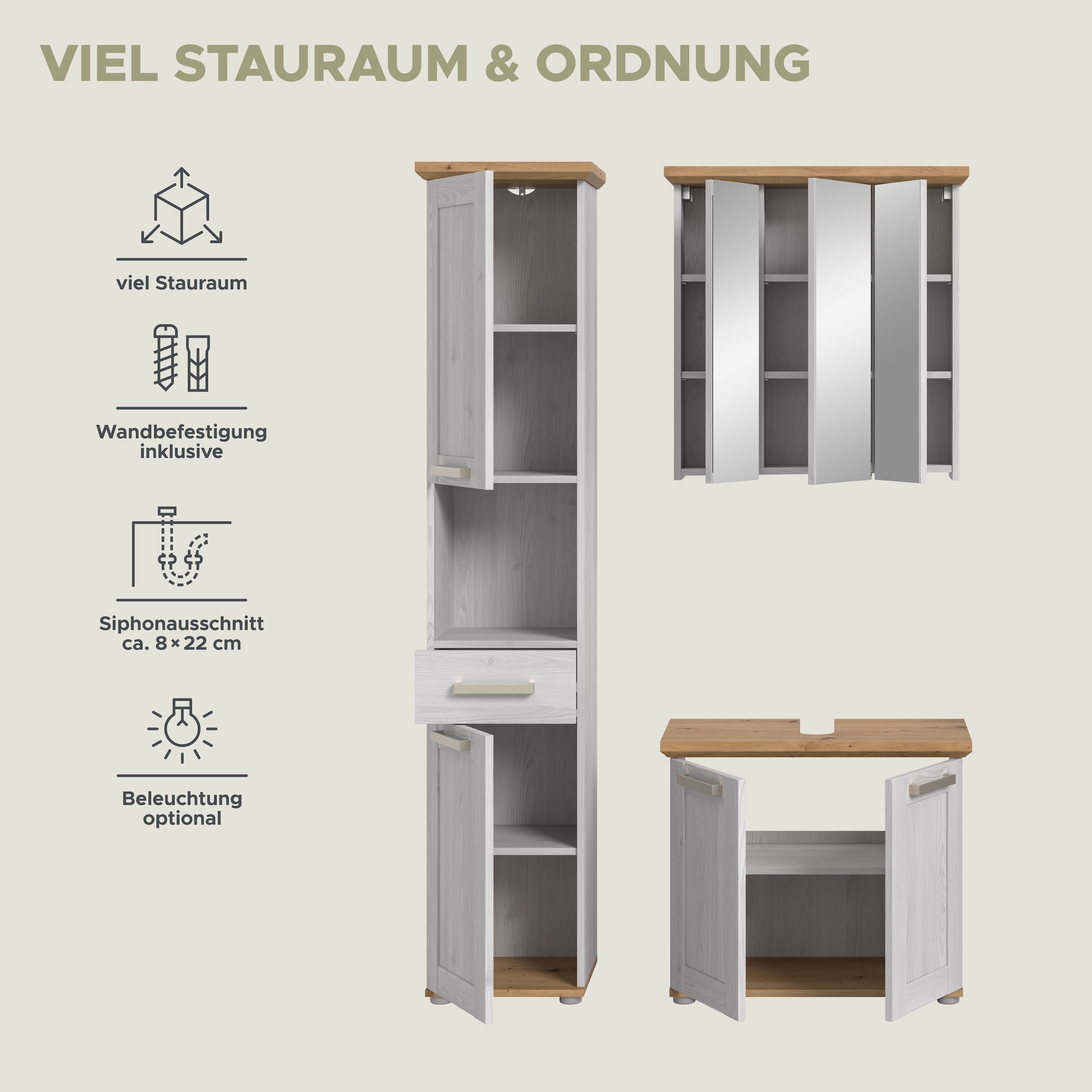 welltime Badmöbel-Set »COSENZA« best. aus: 1 Hochschrank, 1 Spiegelschrank, 1 Waschbeckenunterschrank, 3 Stk. tlg.