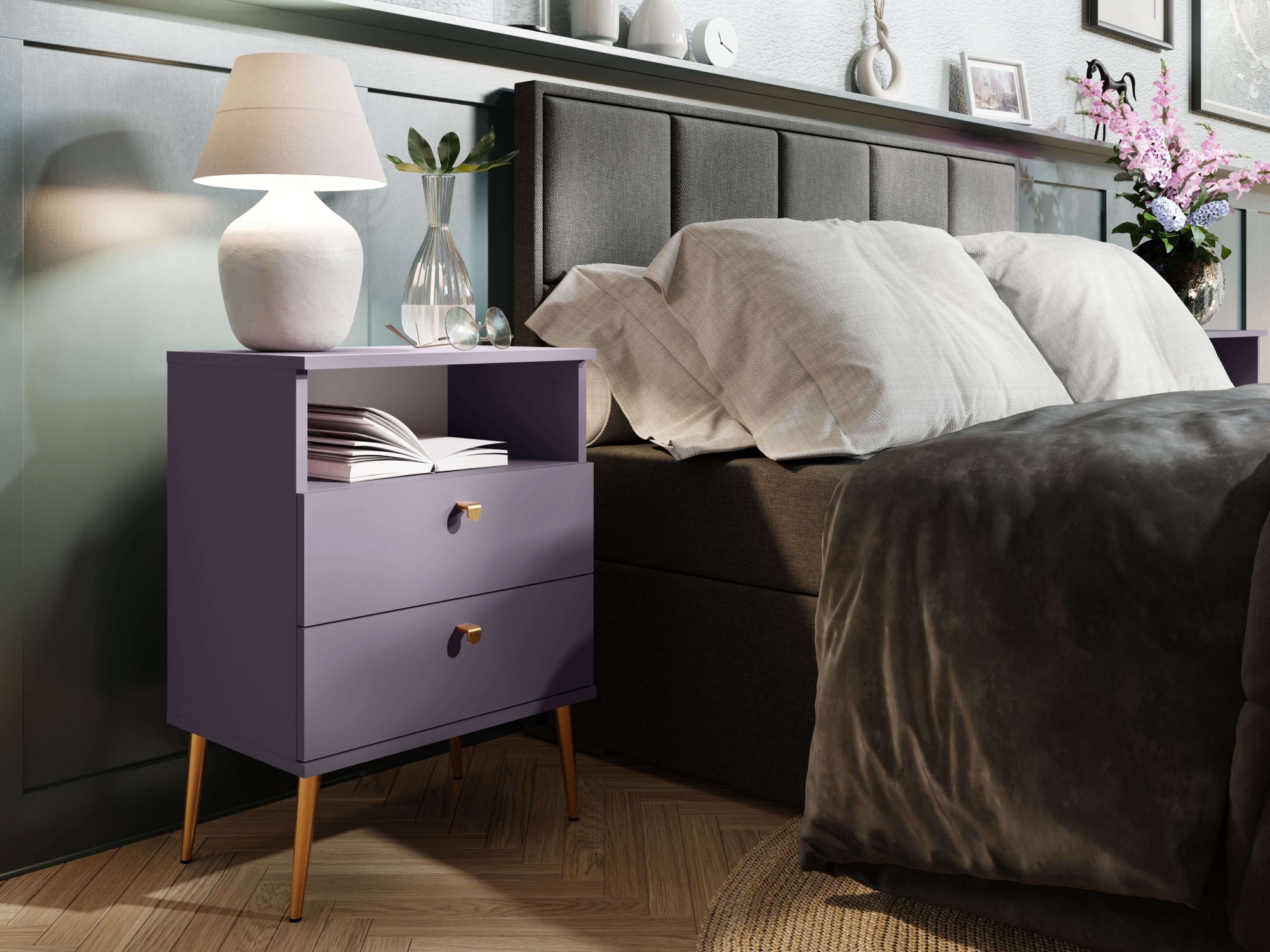 INOSIGN Nachttisch »Elyria, Metallgriffe, FSC-zertifizierter Holzwerkstoff«, (Nachtkommode B/T/H 50/34/69cm), mit 2 Schubladen, 1 offenes Fach, viele Farben mit goldfarbenfb. Details
